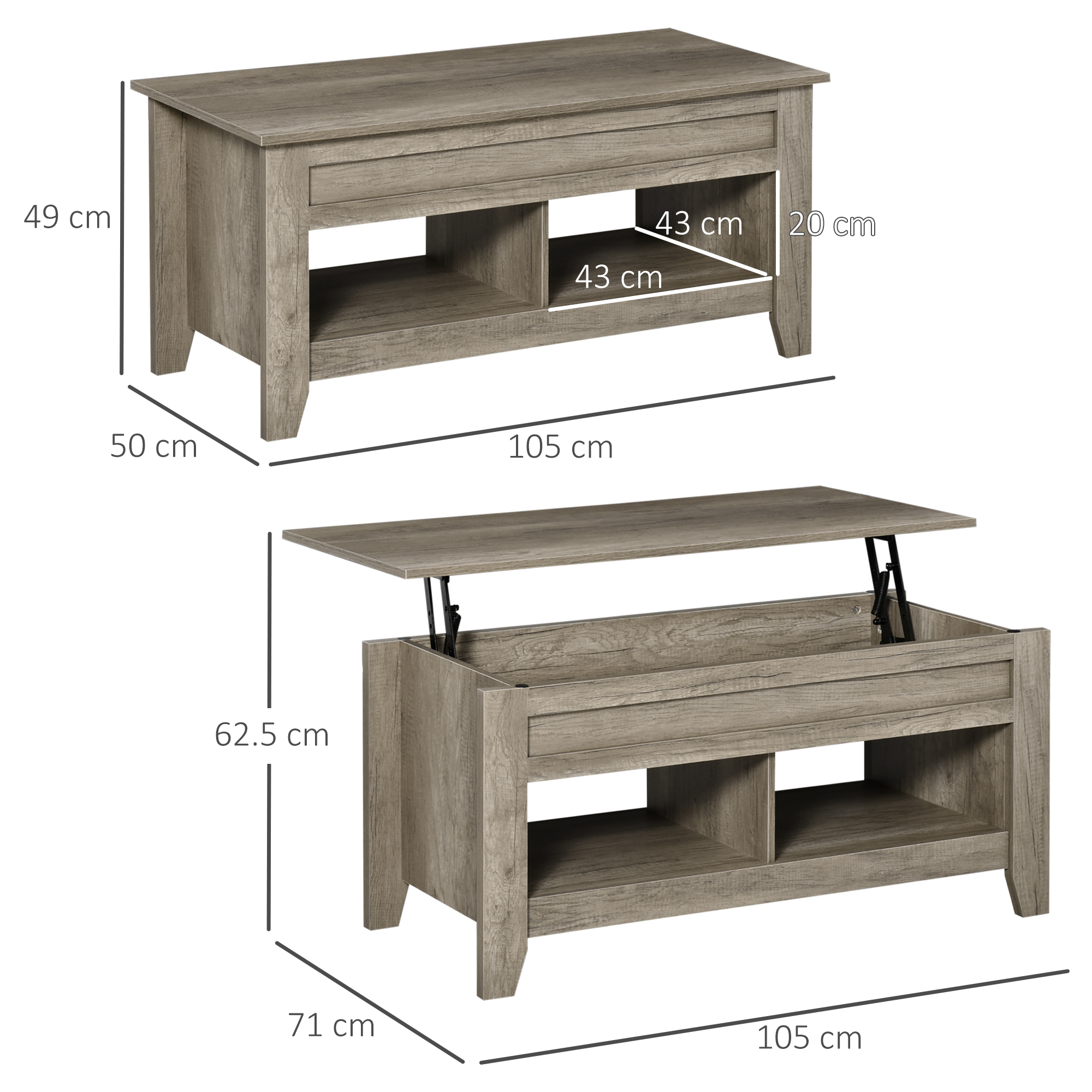 HOMCOM Lift Top Coffee Table w/ Hidden Storage Compartment Open Shelves Lift Tabletop Pop Up Centre Table for Living Room Oak Effect 3