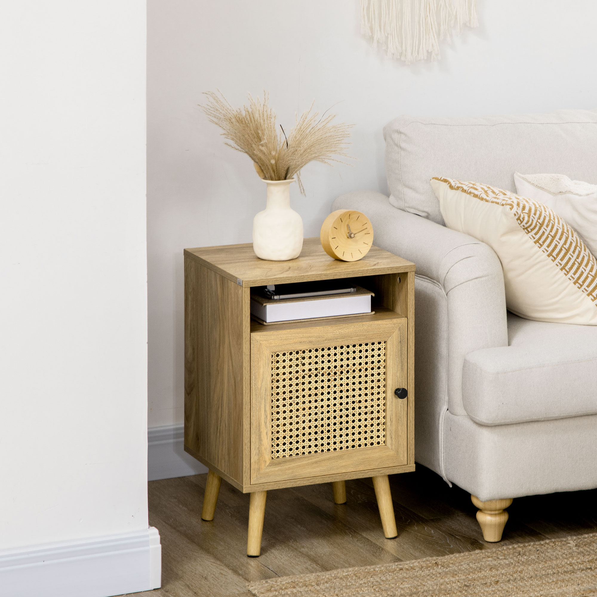 Comodino per bambini in legno bianco e canna da zucchero, Bianco sporco