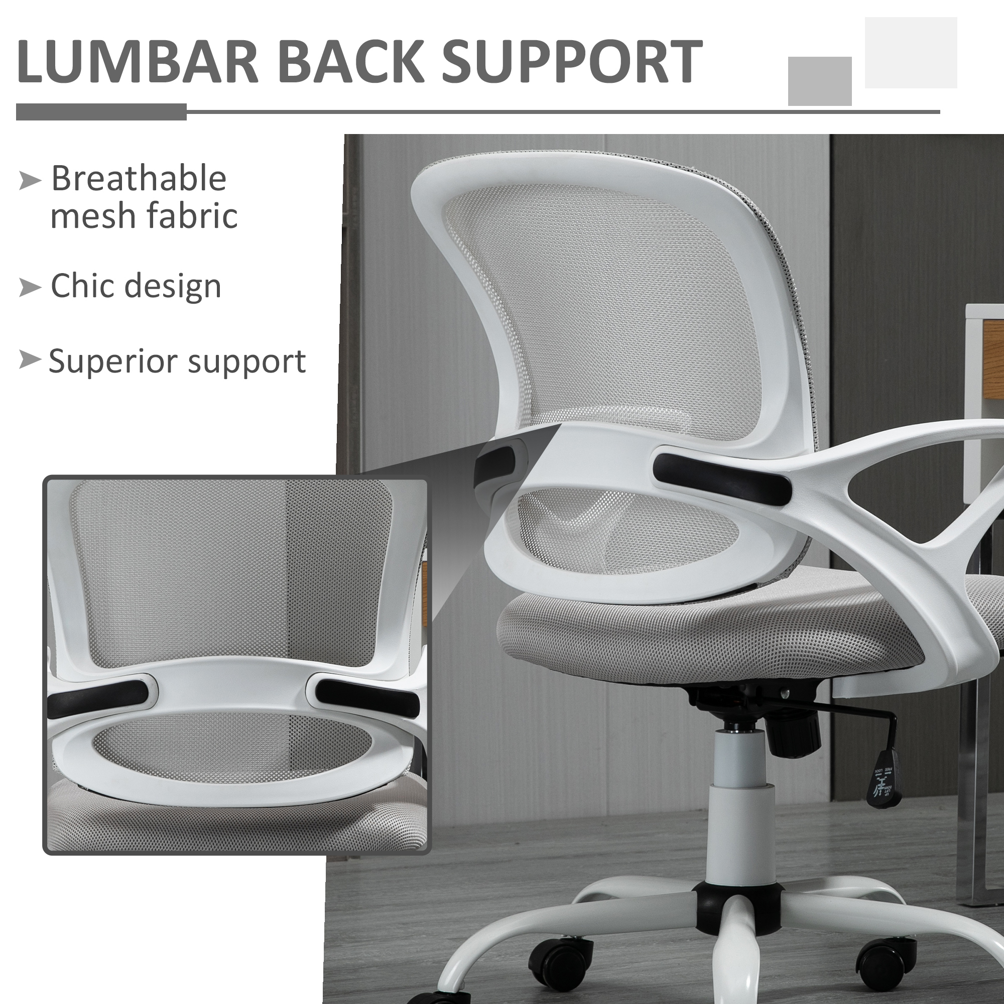 Vinsetto Office Chair Mesh Swivel Desk Chair with Lumbar Back Support Adjustable Height Armrests Grey 6