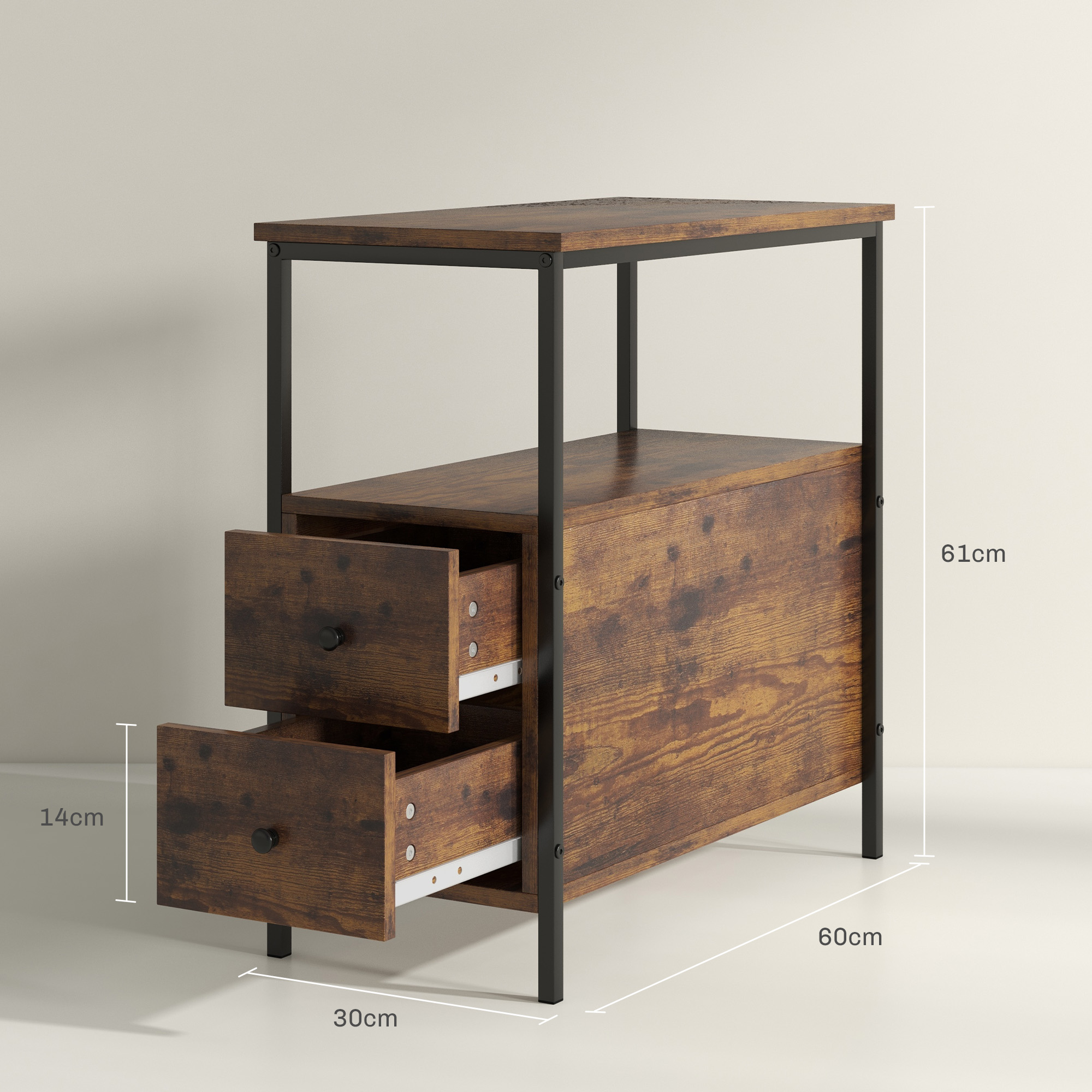 HOMCOM Set of 2 Side Table, Narrow Bedside Table with 2 Drawers and Storage Shelf, Industrial End Table with Metal Frame for Small Spaces, Rustic Brown 3