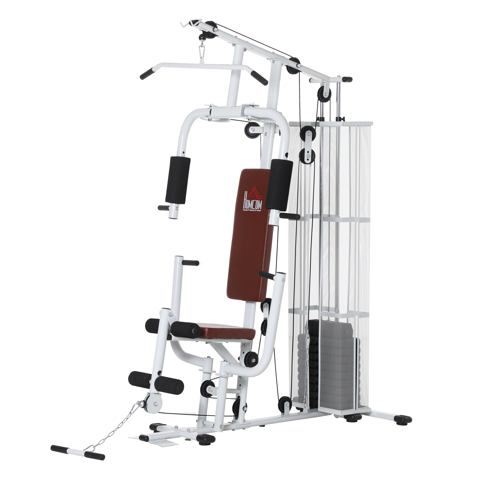 HOMCOM Station de musculation barre latissimus curler bande résistance 10 contrepoids 45 kg avec filet de protection acier blanc et marron