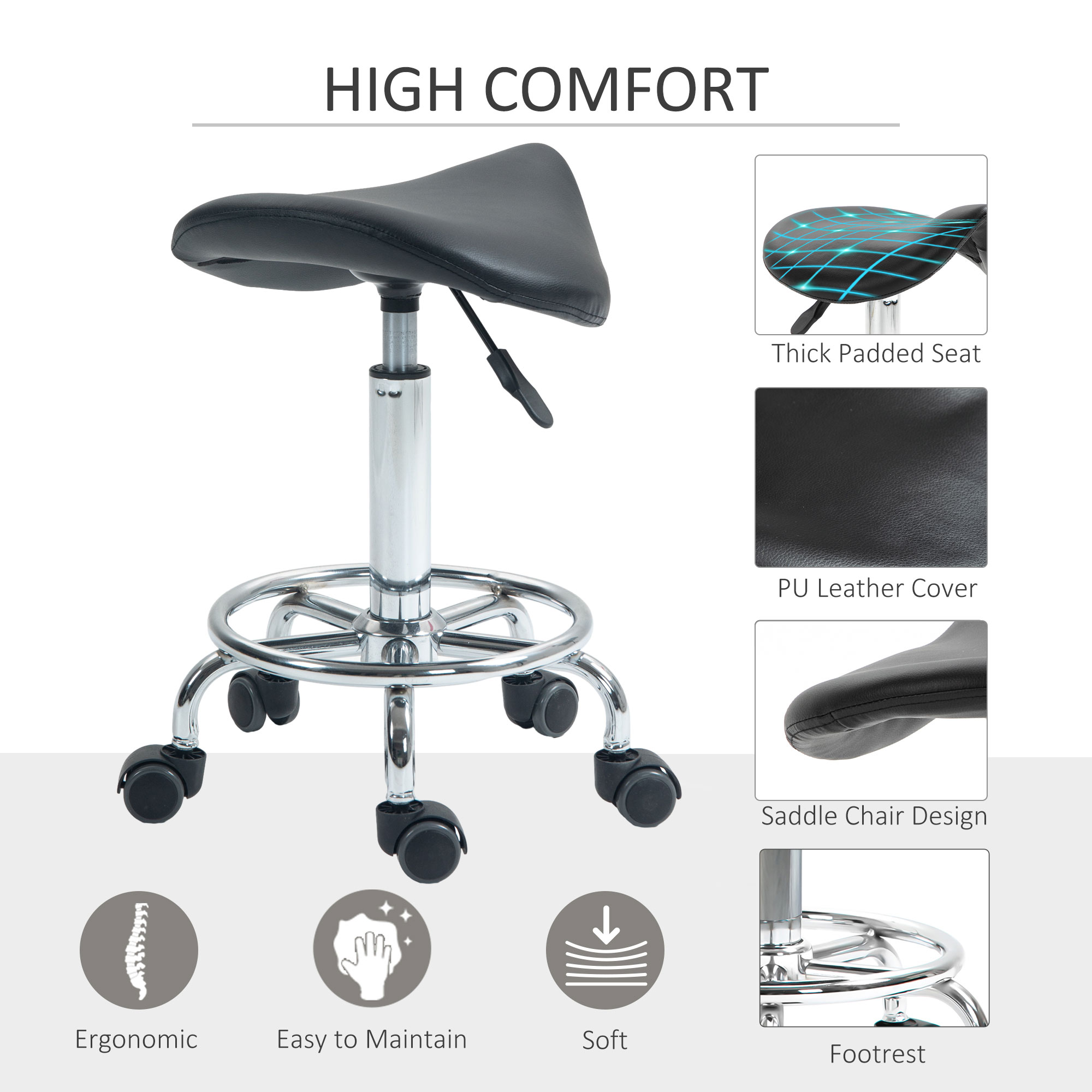 HOMCOM Salon Saddle Stool, Rolling Saddle Chair for Massage, Spa, Clinic, Beauty, Hairdressing and Tattoo, Black 5