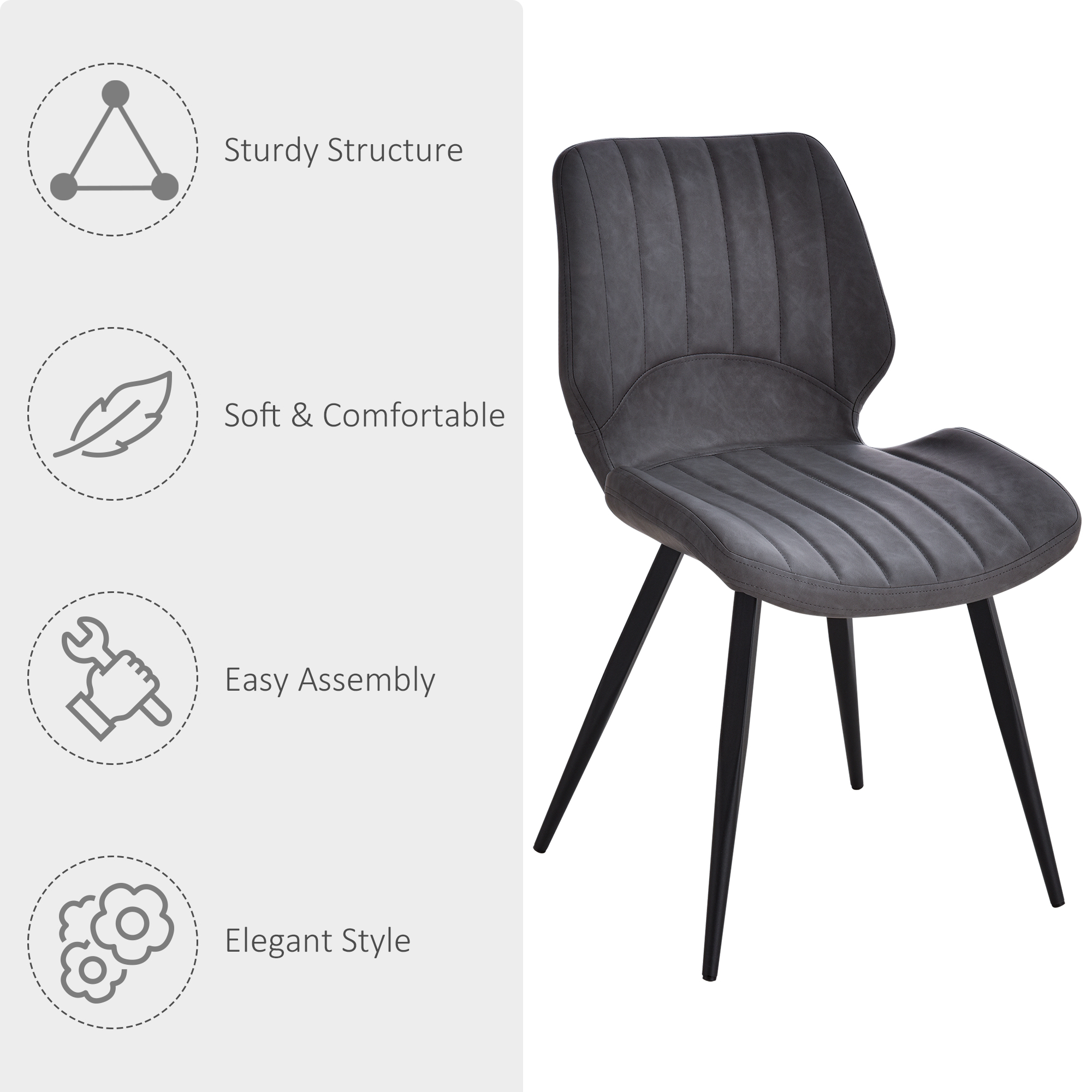 HOMCOM Dining Chairs Set of 2, PU Leather Upholstered Kitchen Chairs with Backs, Moulded Padded Seats and Steel Frame for Dining Room, Grey 6