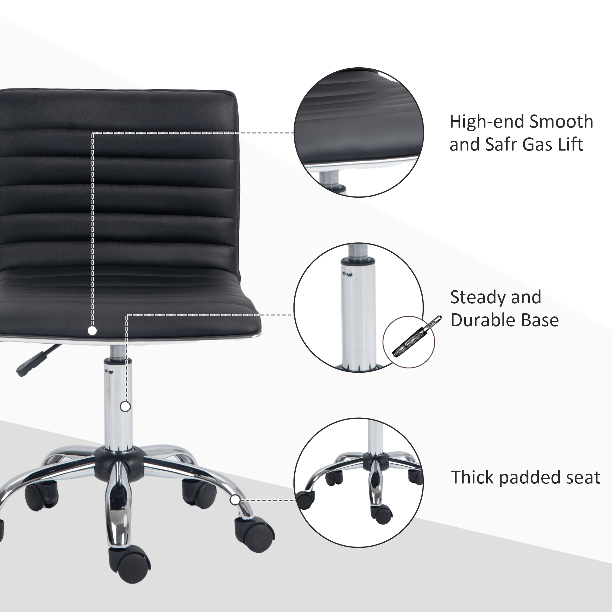HOMCOM Armless Task Desk Chair, Swivel Office Chair with Faux Leather, Adjustable Seat Height, Chrome Base, Wheels for Home, Black 7