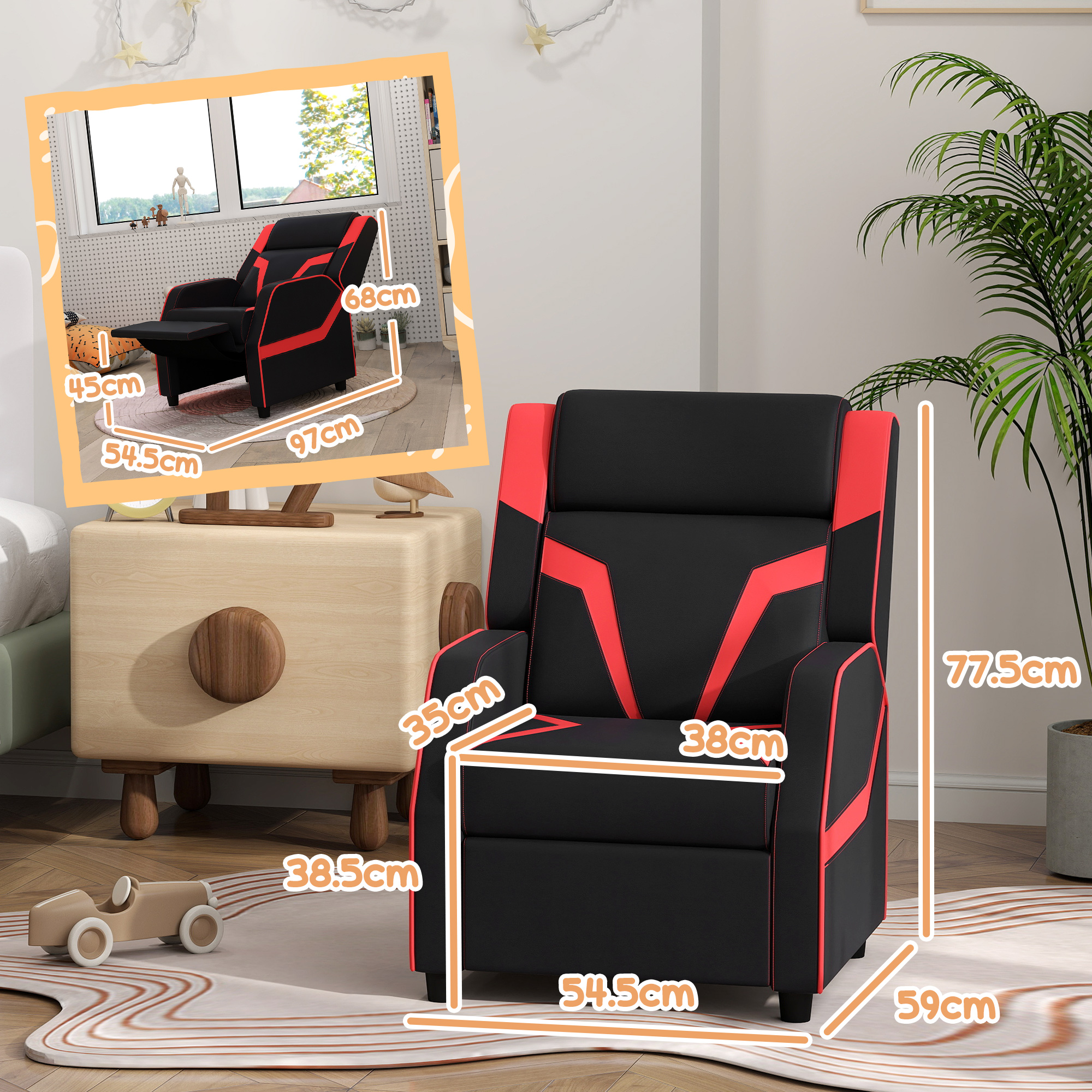 AIYAPLAY 2 in 1 Kids Chair Recliner with Backrest, Armrest, Footrest, PU Leather, for 3-9 Years Old, Black 3