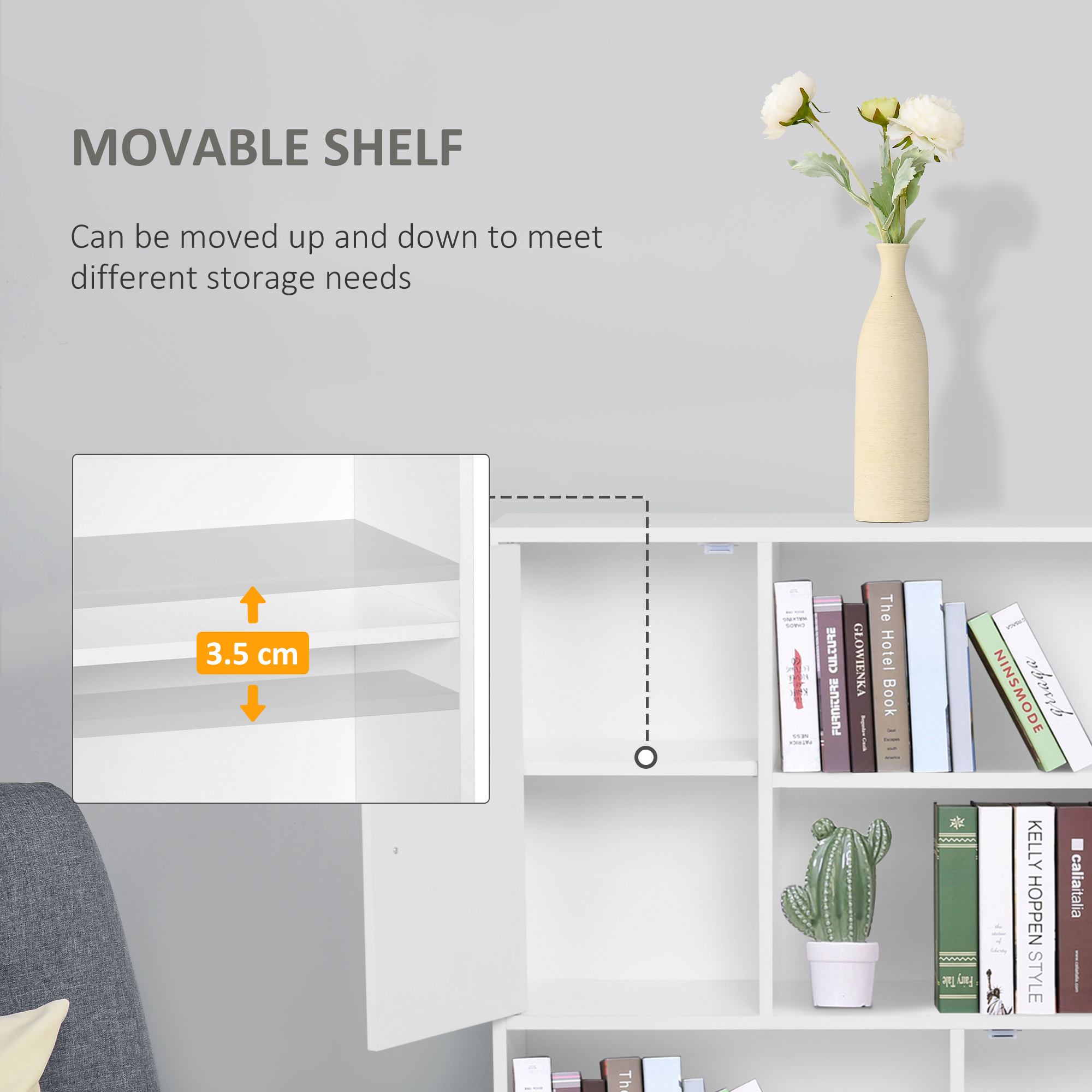 HOMCOM Sideboard Bookshelf Free Standing Bookcase Shelves Unit Display Storage Cabinet w/ Adjustable Shelves, Wooden Leg, Two Doors, White 4