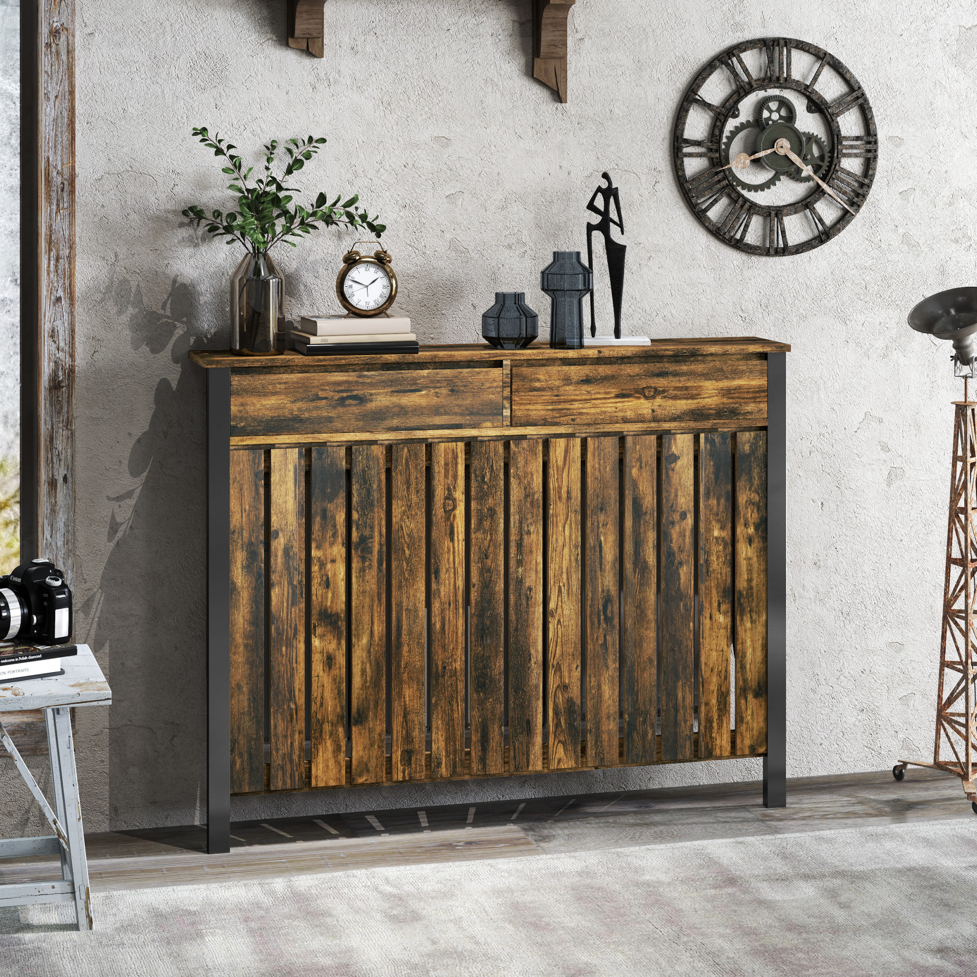 HOMCOM 93 x 119cm Rustic-Look Radiator Cover - Brown/Black | Aosom UK