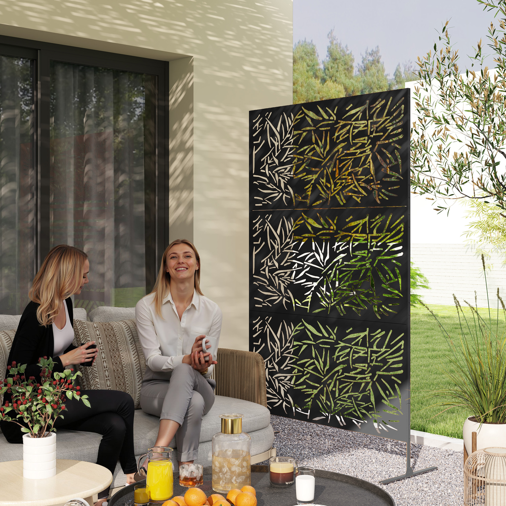 Outsunny Decorative Garden Privacy Screen with Stand, 6.5FT Freestanding Metal Outdoor Divider, Decorative Privacy Panel with Expansion Screws for Garden Pool Hot Tub, Bamboo Style, Black 2