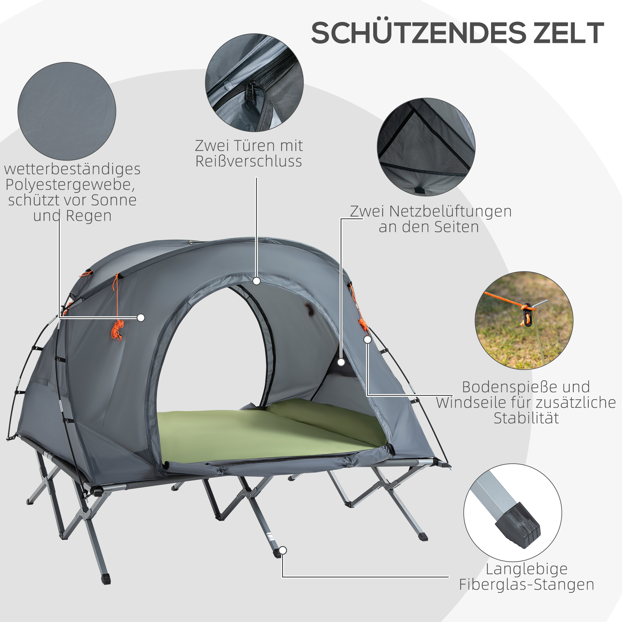Outsunny Zelt für zwei Personen mit Feldbett und Matratze, faltbar, Grau, 200 x 146 x 159 cm