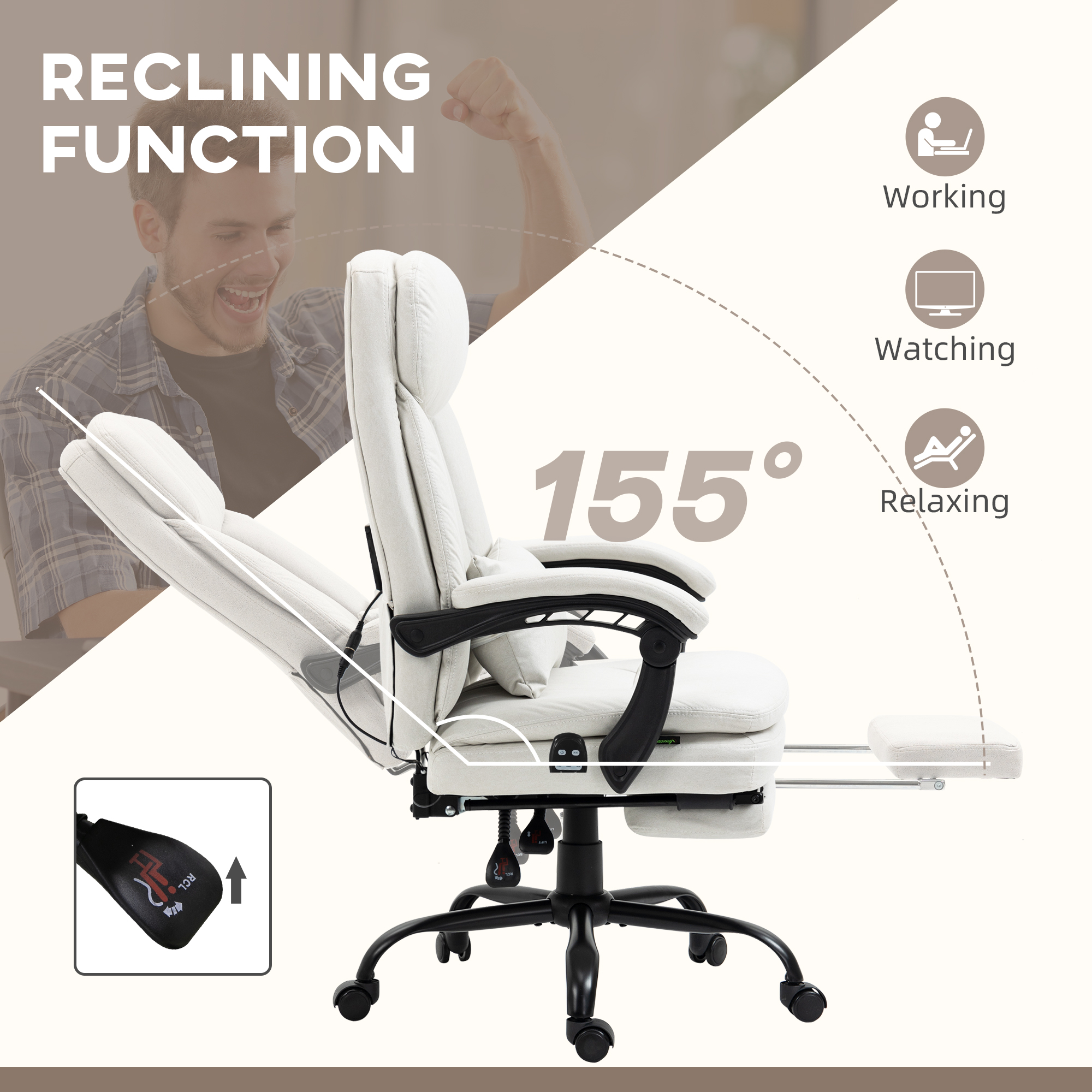 Vinsetto Office Chair, Ergonomic Desk Chair with 6-Point Vibration Massage and Lumbar Heating, Computer Chair with Lumbar Support Pillow, 155° Reclining Back and Footrest, Cream White 6