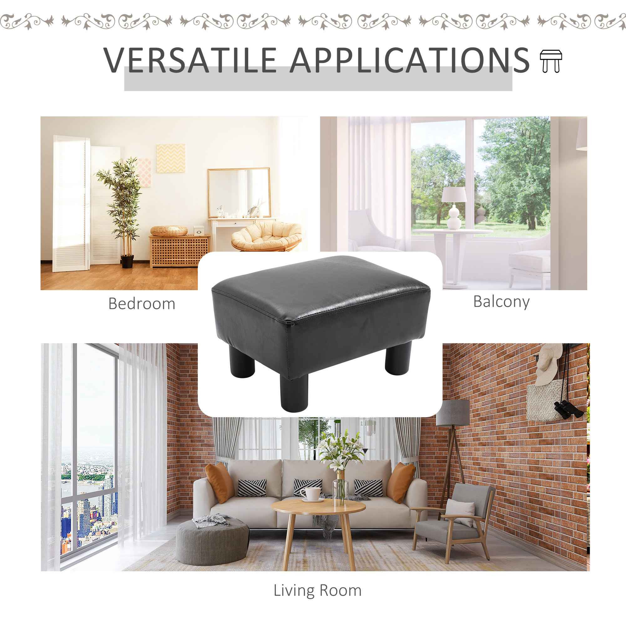 HOMCOM Faux Leather Footstool, Small Foot Rest, Rectangle Sofa Stool for Bedroom Living Room, Black 6