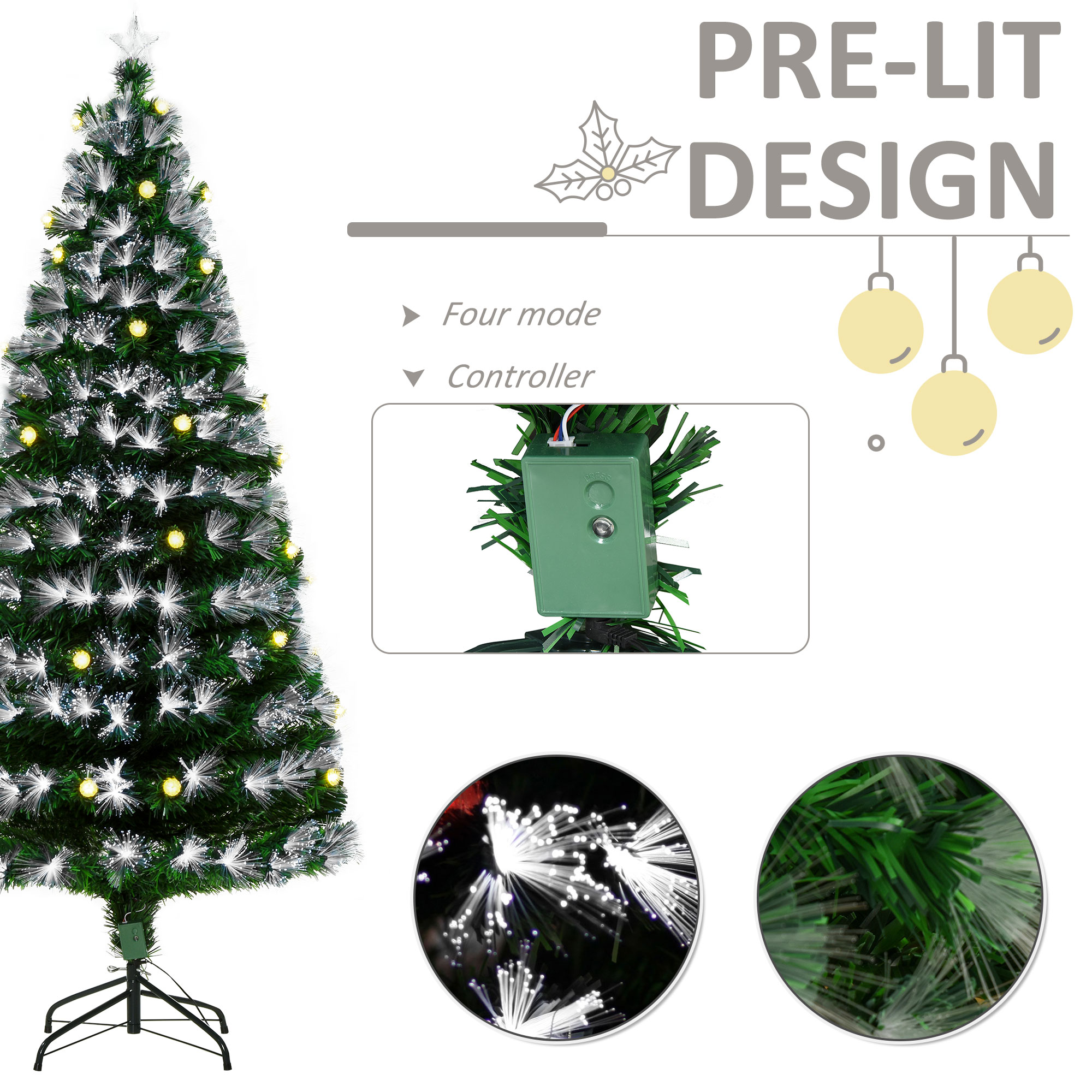 HOMCOM 6ft White Light Artificial Christmas Tree w/ 230 LEDs Star Topper Tri-Base Full Bodied Seasonal Decoration Pre-Lit Home 6