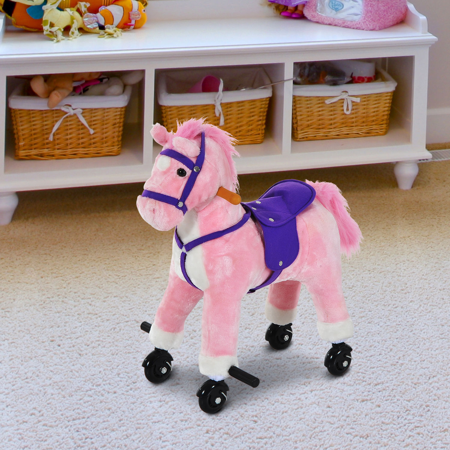HOMCOM Rocking Horse Kids Ride on Walking Horse Animal Pony Wheeled Riding Plush Toy w/Sound for 2 Years and Up (Pink) 2