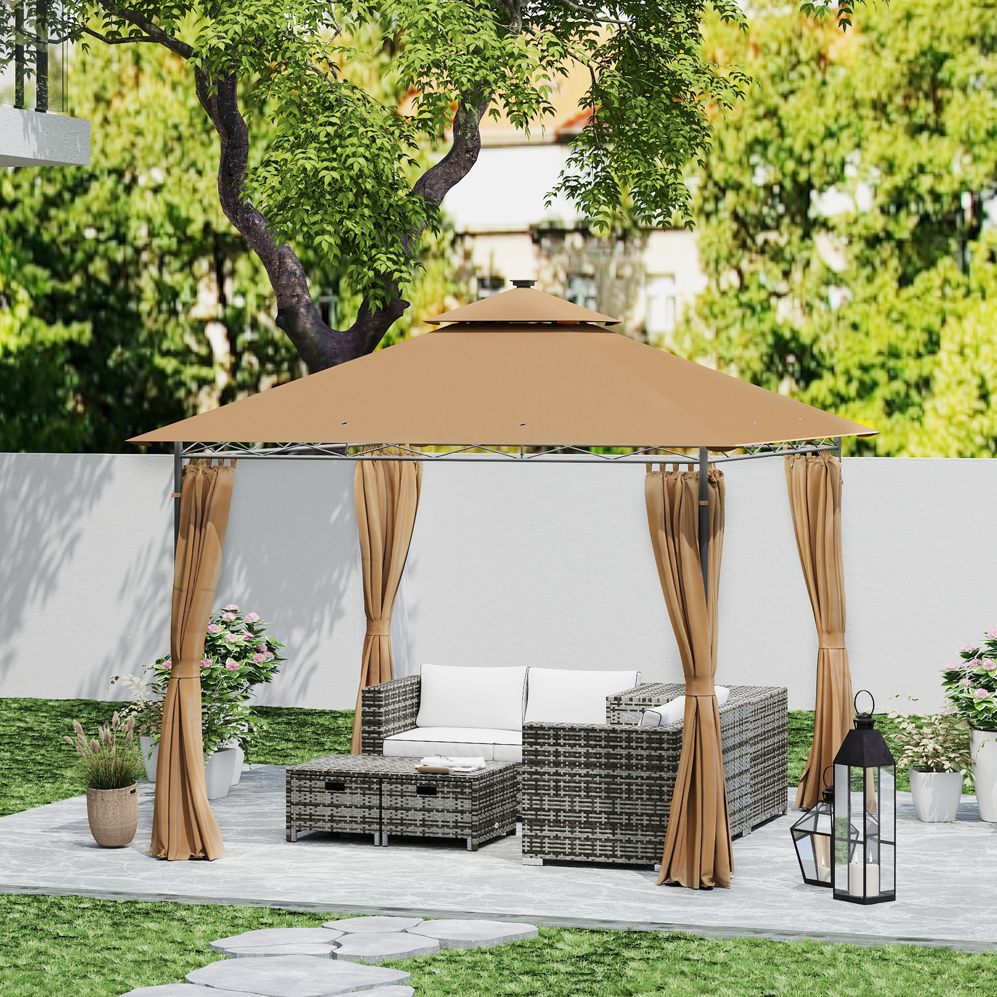 Outsunny 3 x 3 m Solar LED Metal Gazebo Brown 8