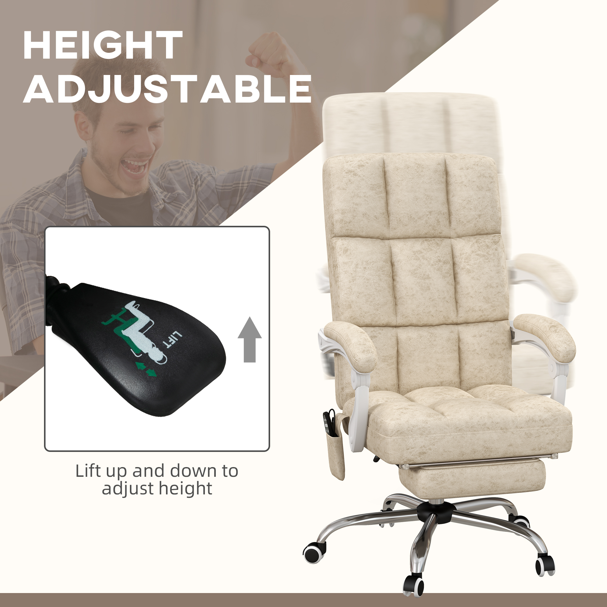 Vinsetto Massage Office Chair, Ergonomic Desk Chair, Comfy Work Study Chair with Heat, Padded Seat, 135° Reclining Back and Footrest for Home Office, Beige 5