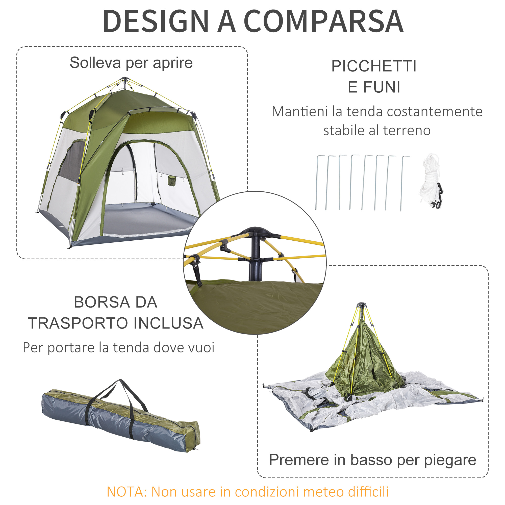 Tenda Da Campeggio Outsunny 2 Posti Pop Up - Igloo Con Rete E Porta, 240x240x199 Cm, Verde - Foto 9