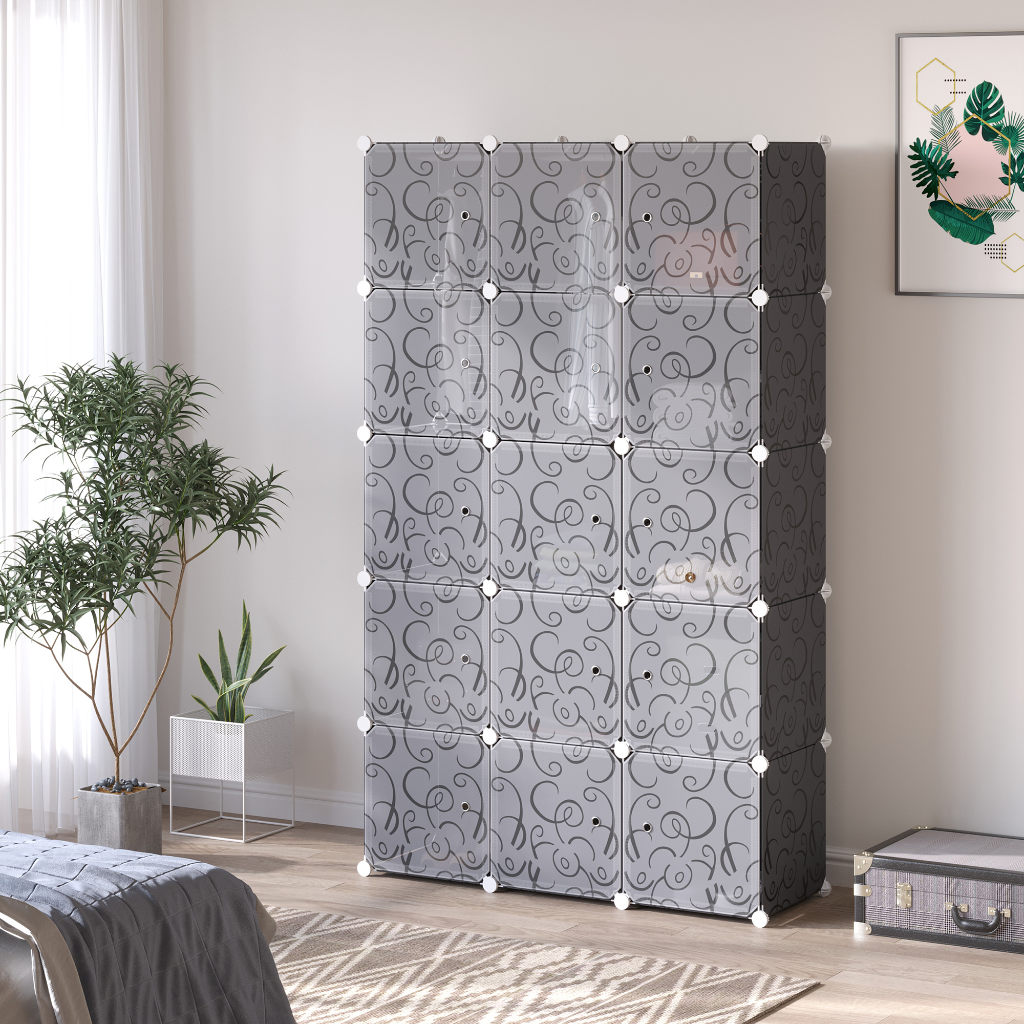 HOMCOM Portable Wardrobe for Bedroom, 15 Cube Closet with Hanging Rail, Modular Storage Cabinet, Plastic Armoire for Space Saving, White and Black 2
