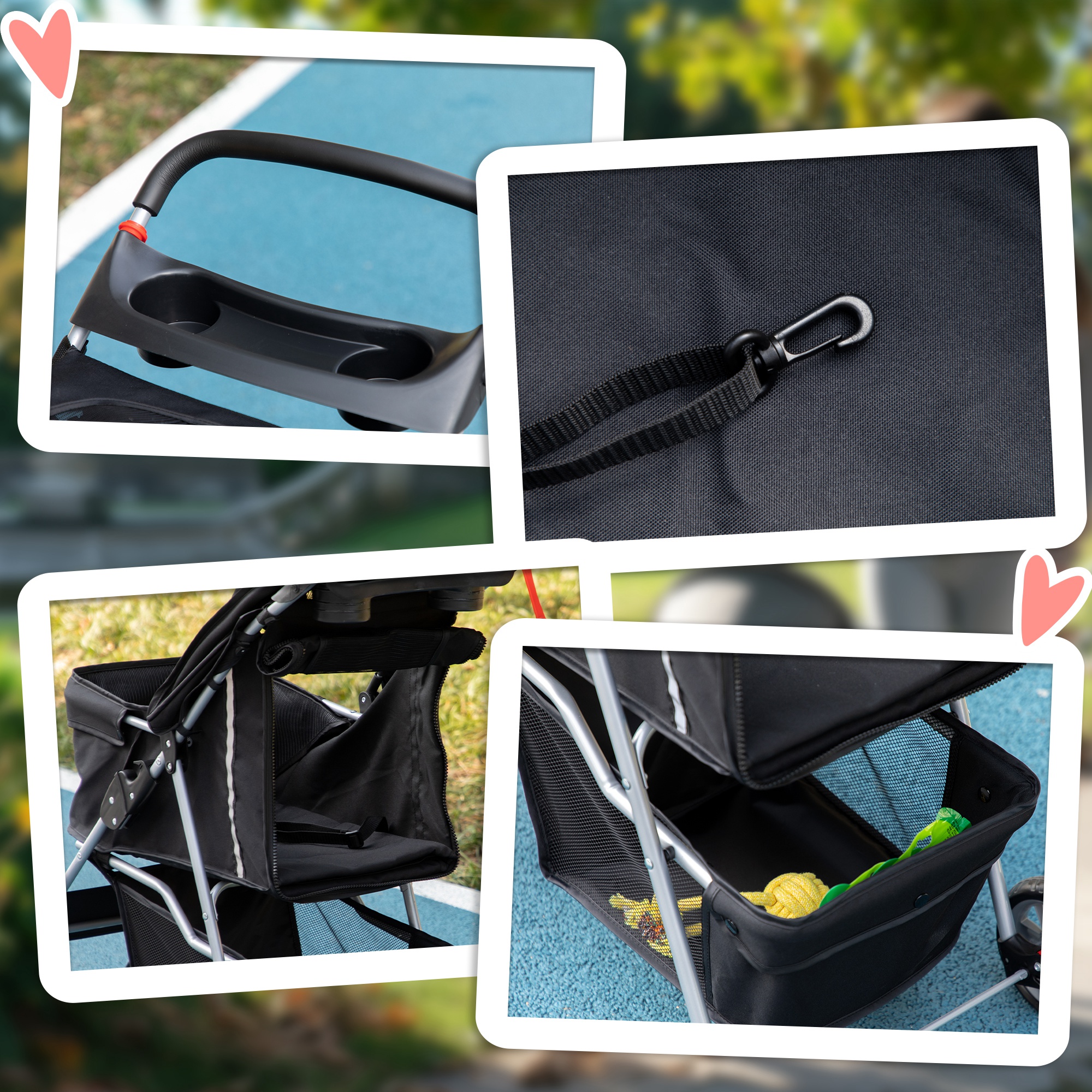 PawHut Pet Stroller for Small Miniature Dogs Cats Foldable Travel Carriage with Wheels Zipper Entry Cup Holder Storage Basket Black 8