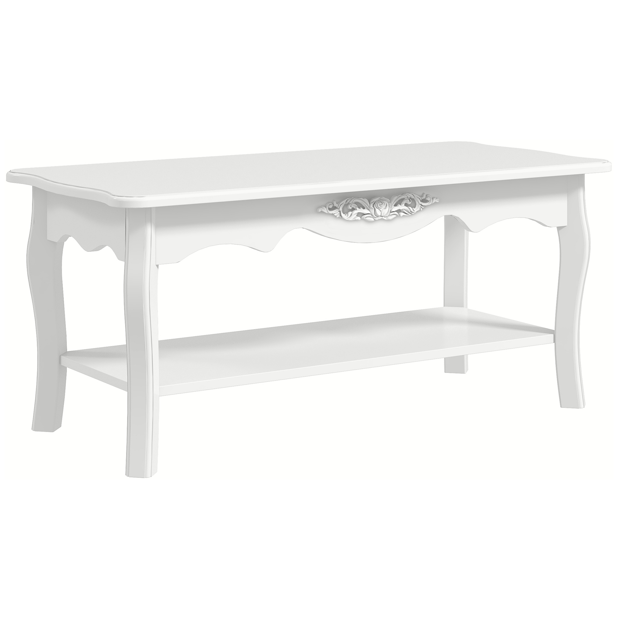 HOMCOM Couchtisch Kaffeetisch mit Ablage Wohnzimmertisch Beistelltisch mit Gravur und gebogenen Beinen Holz Weiß 94x44x43cm Aosom