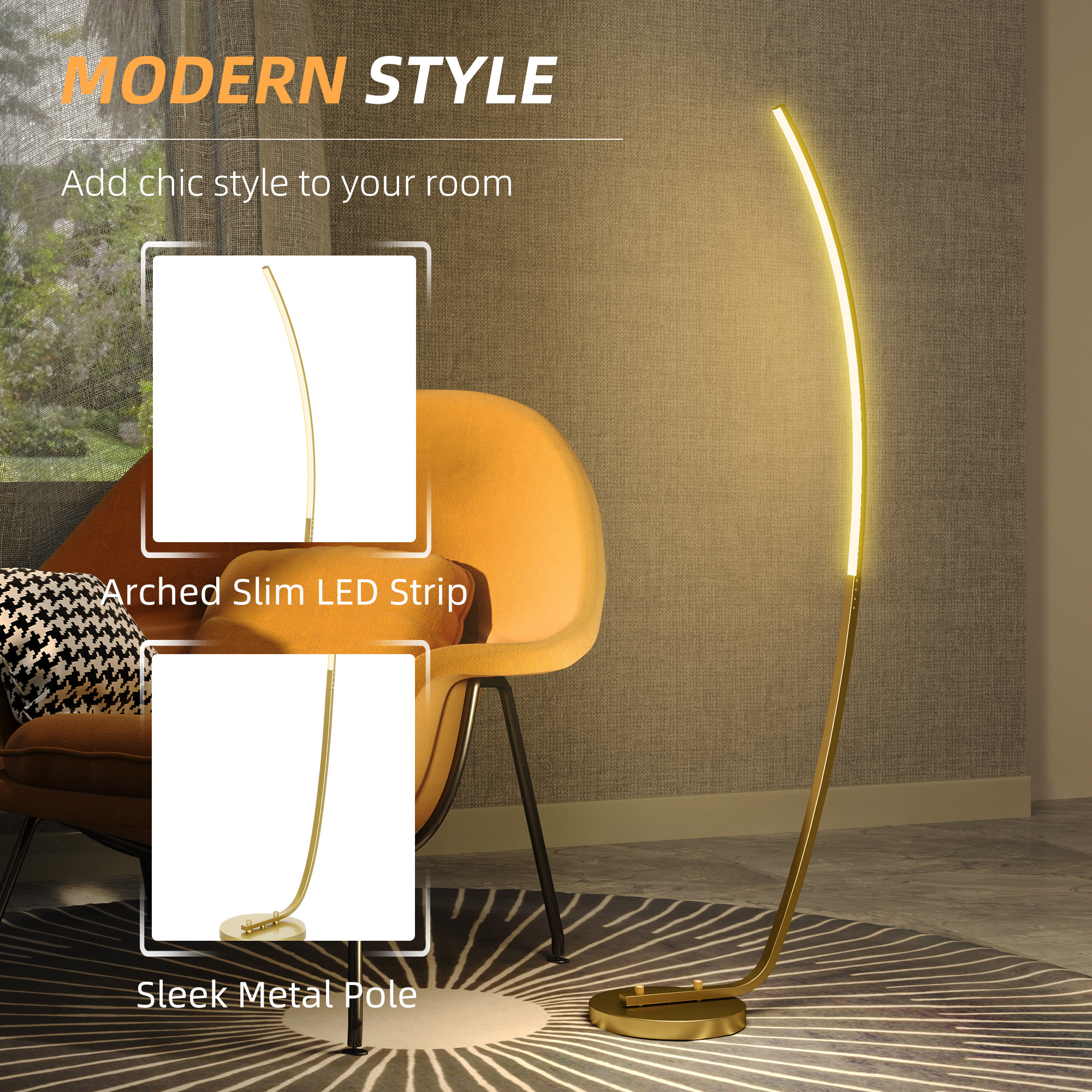 HOMCOM Modern 147cm Curved LED Floor Lamp Gold Tone 4