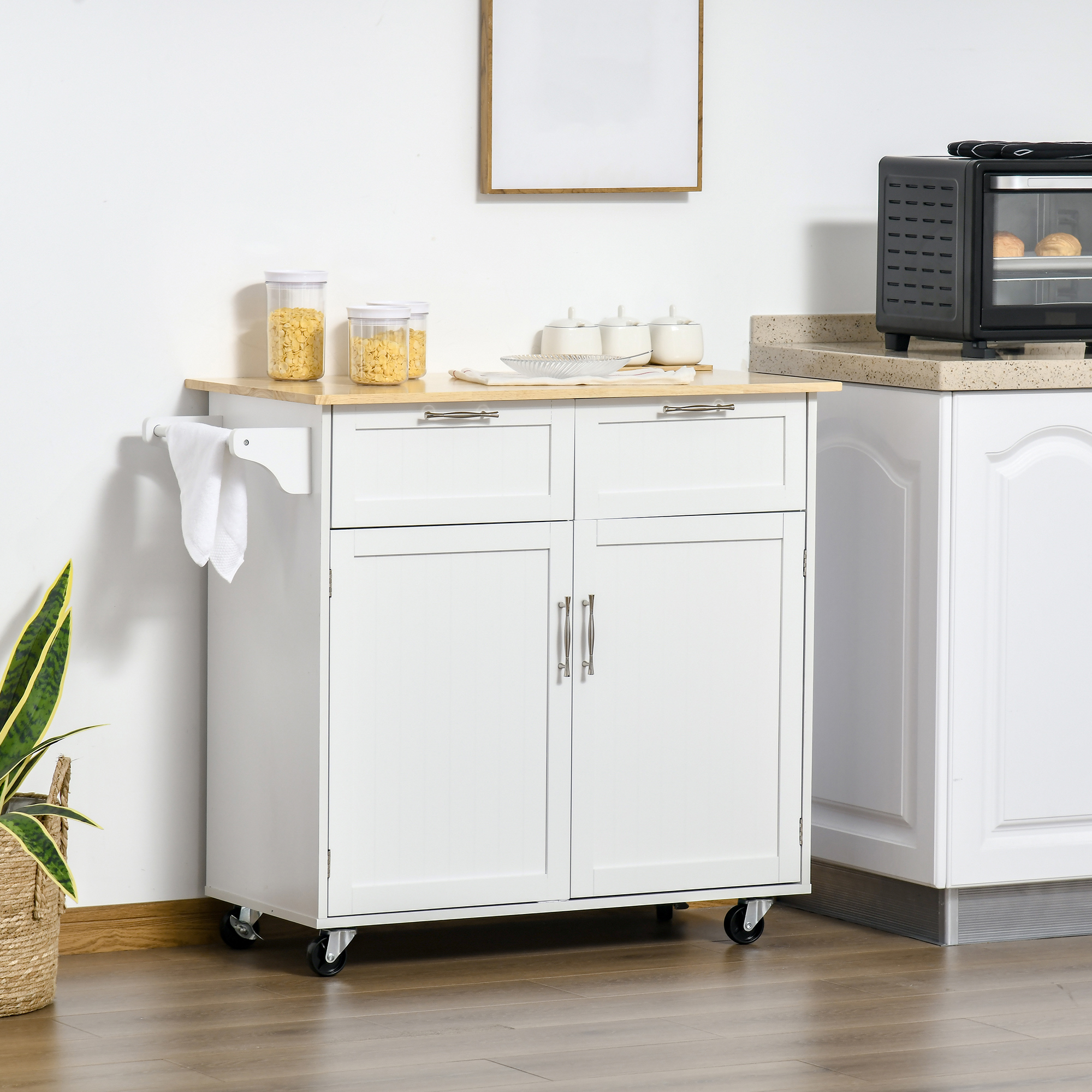 HOMCOM Kitchen Island Utility Cart, with 2 Storage Drawers & Cabinets for Dining Room, White 2
