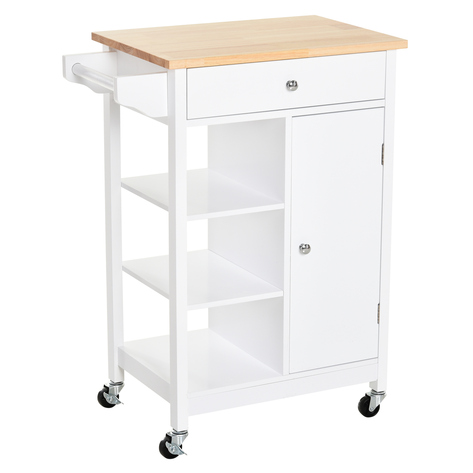 HOMCOM Carrito de Cocina Carro de Servicio con 1 Cajón 1 Armario 3 Estantes Abiertos para Almacenamiento 66x39,5x86,5 cm Blanco | Aosom España