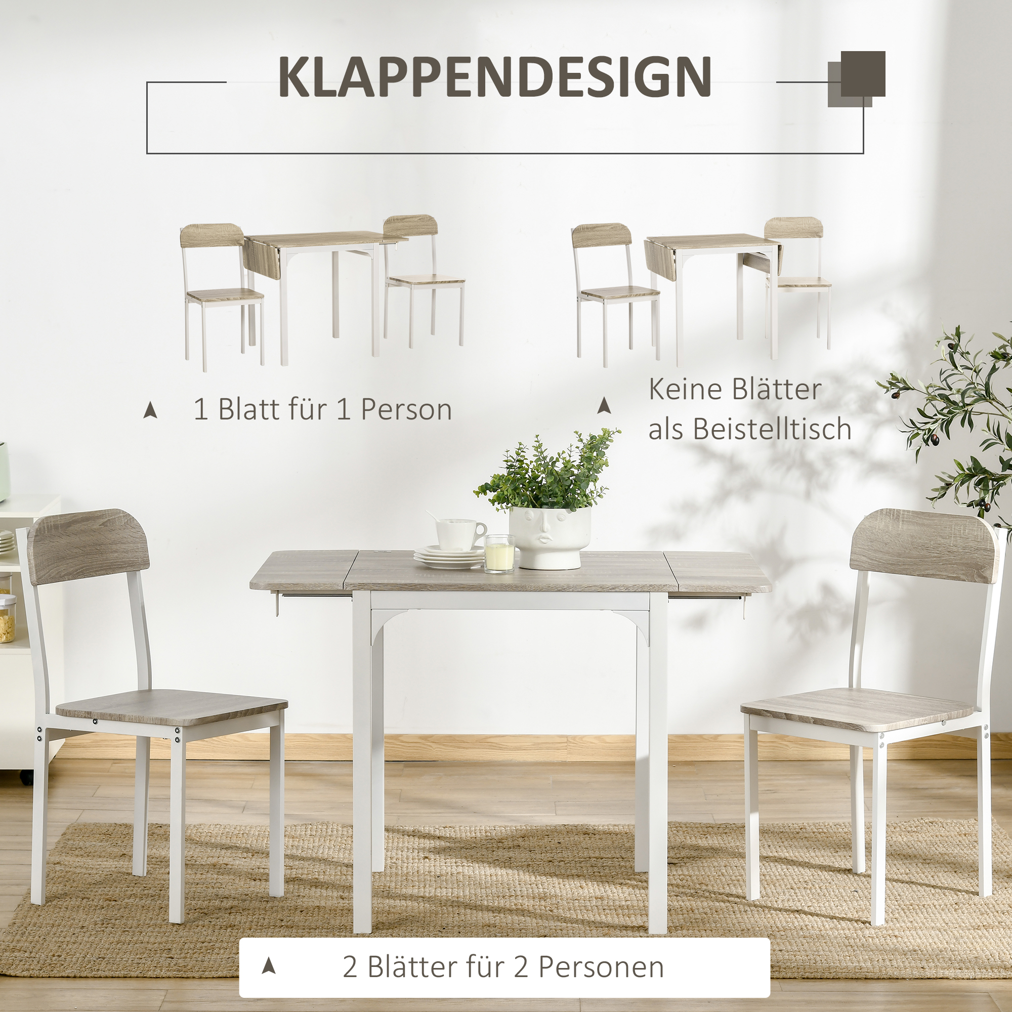 Kaheosaline istmekomplekt, kokkupandav söögilaud 2 tooliga, kokkupandav laud, 110 cm x 70 cm x 75 cm, valge + naturaalne