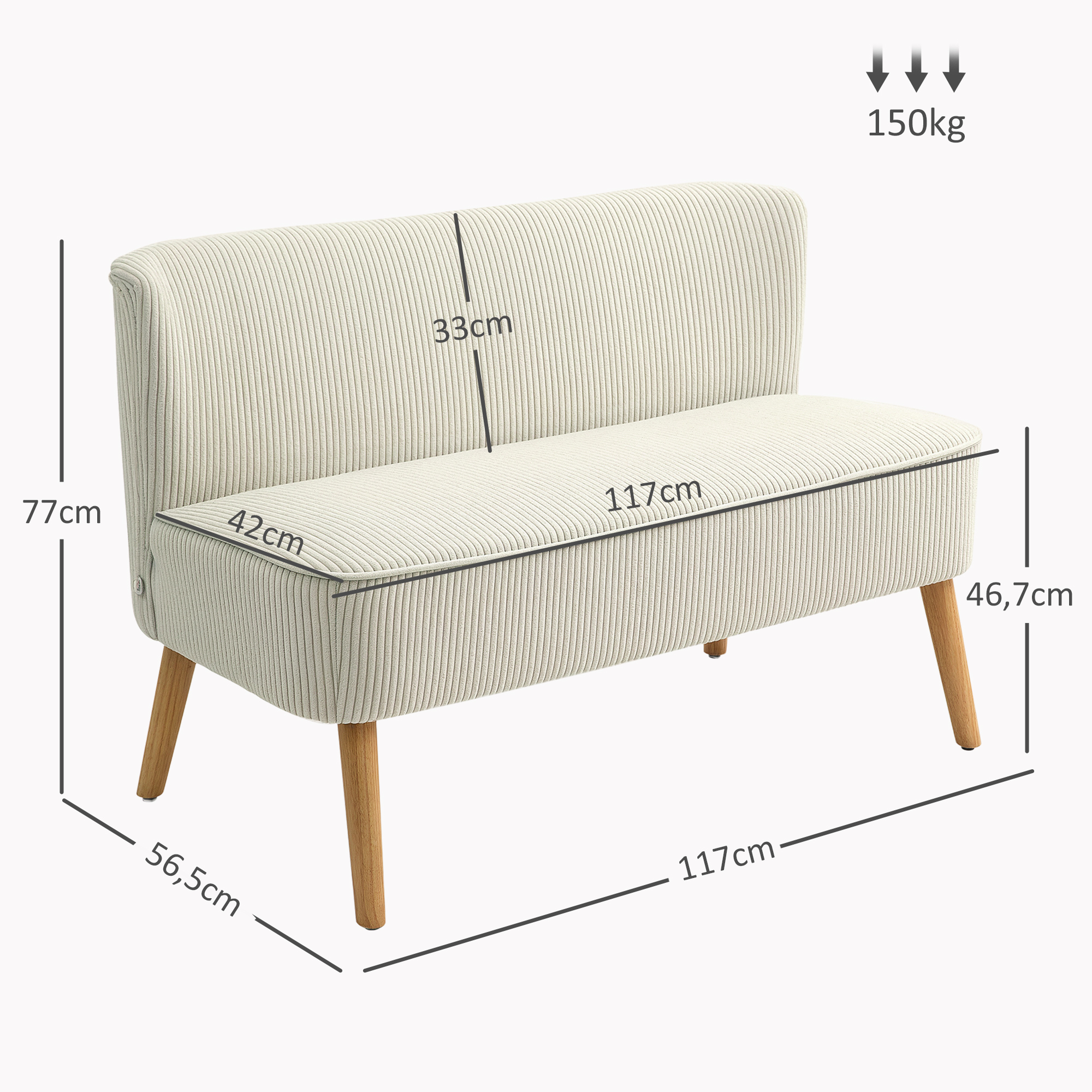 2-kohaline diivan, pehme polsterdusega, kergesti hooldatav kate, kandevõime kuni 150 kg, 117 x 56,5 x 77 cm, kreemvalge