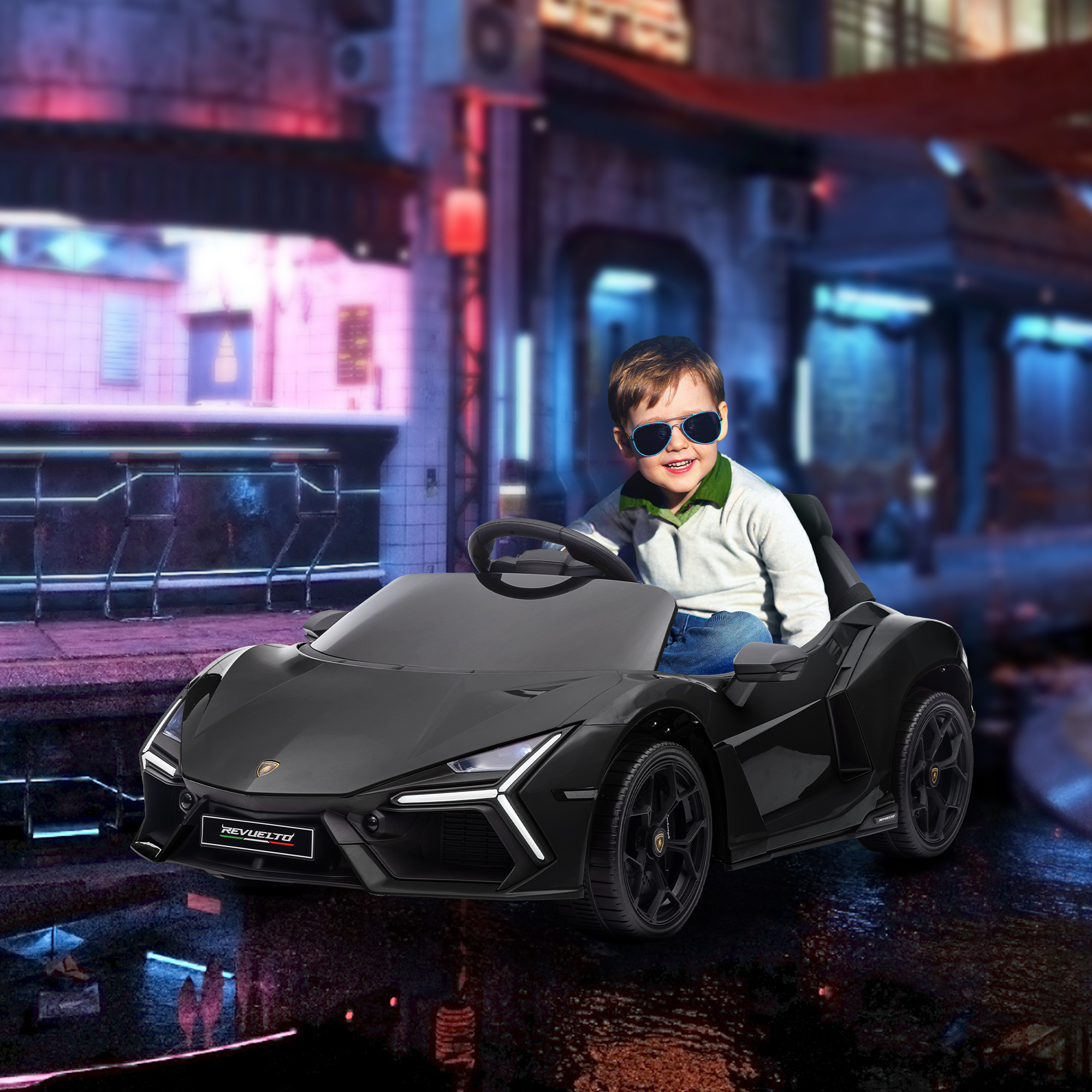 AIYAPLAY Lamborghini Revuelto Licensed 12V Ride on Car w/ Butterfly Doors, Transport Wheels, Suspension, Remote Control, Black 2