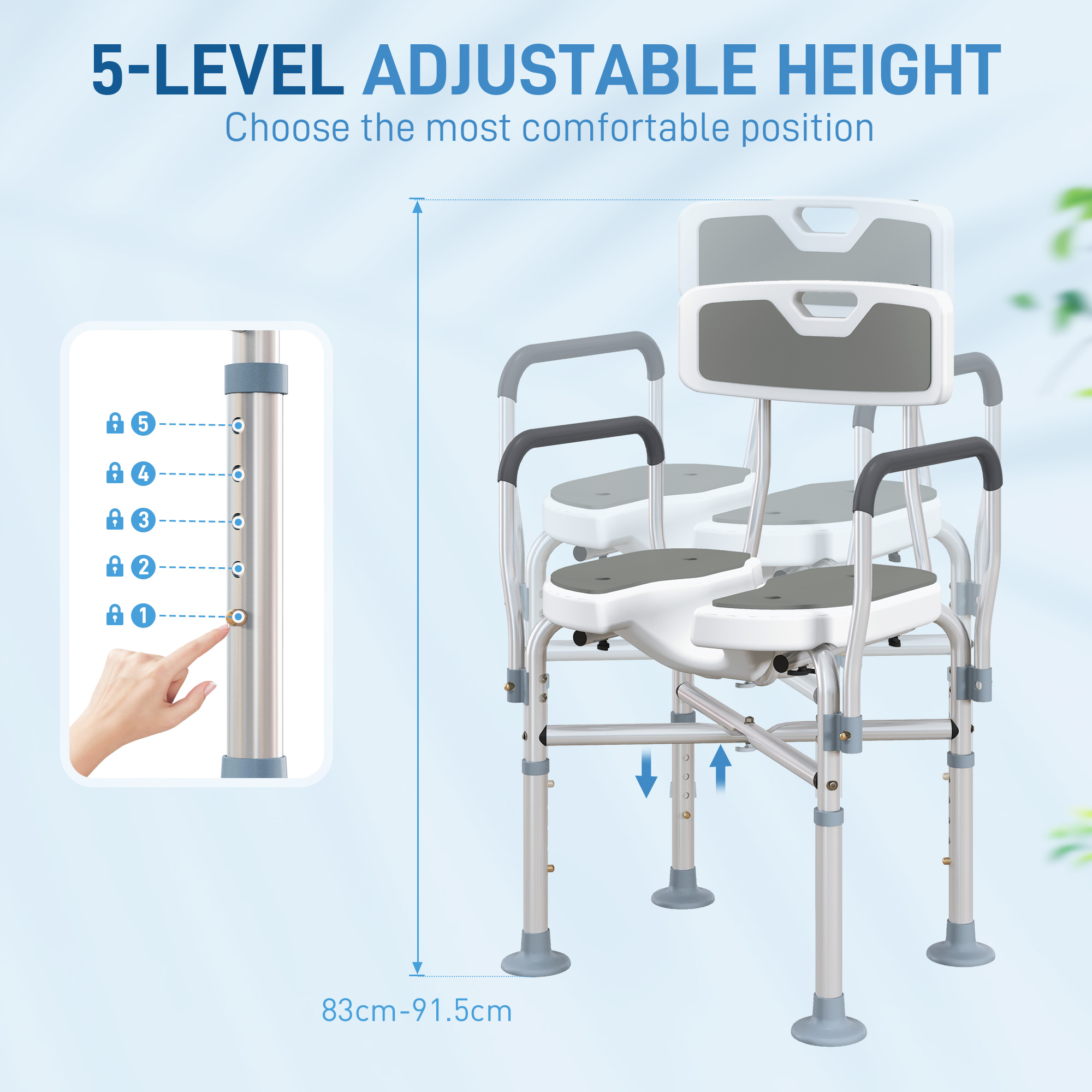 HOMCOM Shower Chair with Hygiene Cut-Out Seat and Reinforced Crossbars, Height Adjustable Padded Bath Chair with Non-slip Feet for Elderly Seniors Disabled Handicap, Tool-Free Assembly, Grey 5