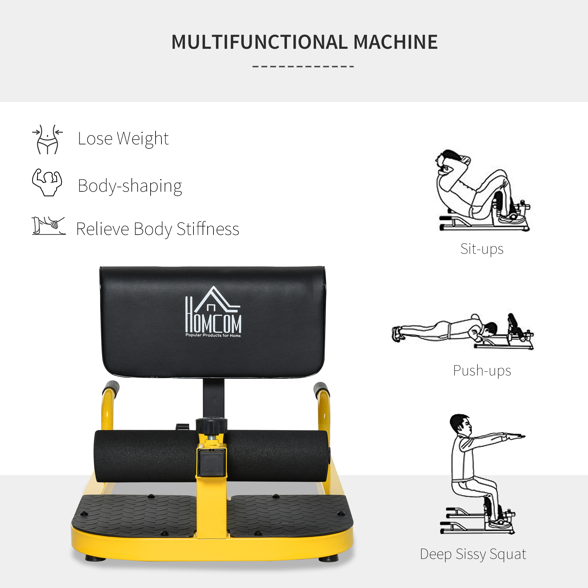 HOMCOM Squat Machine with Push Up Stand, Padded Hip Thrust Bench with Adjustable Cushion for Home Gym Work Out, Yellow 6
