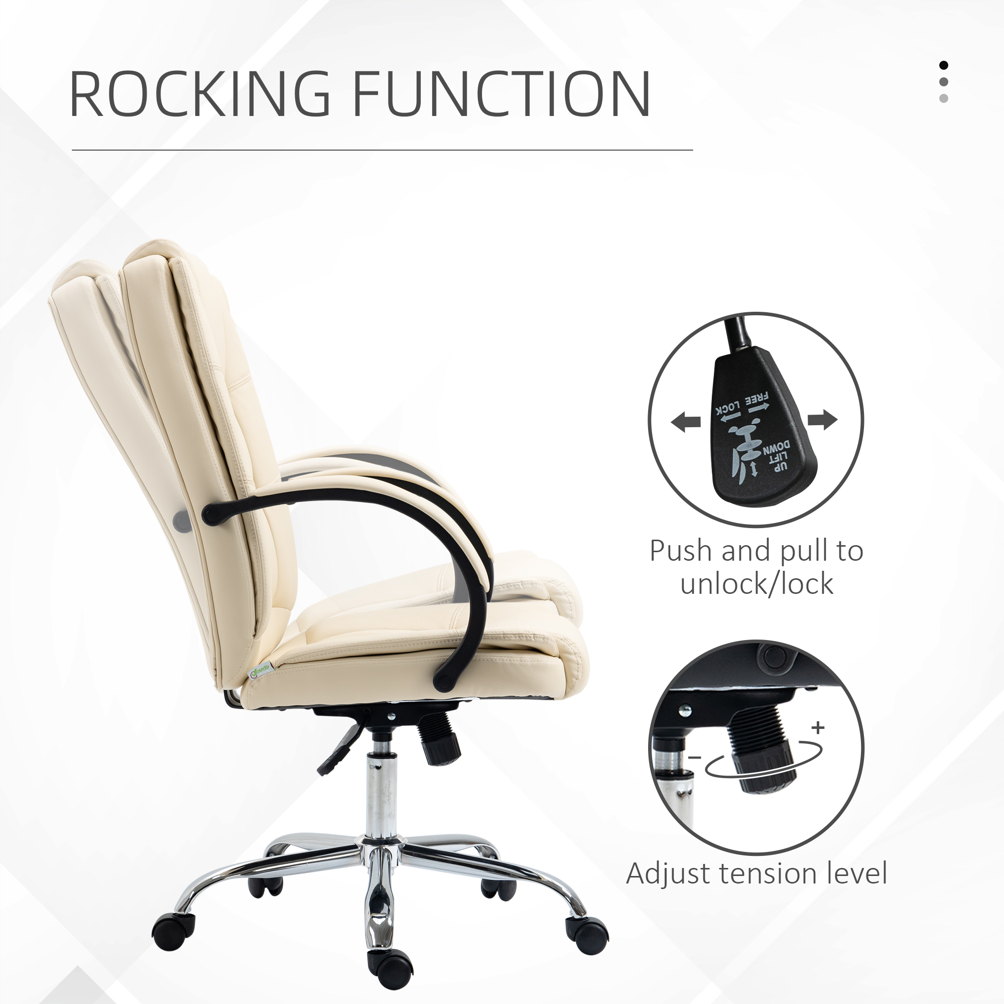 Vinsetto Office Chair, PU Leather Desk Chair with 13cm Soft Padded Seat and Backrest, Swivel Chair with Adjustable Height and Rolling Wheels, Beige 7