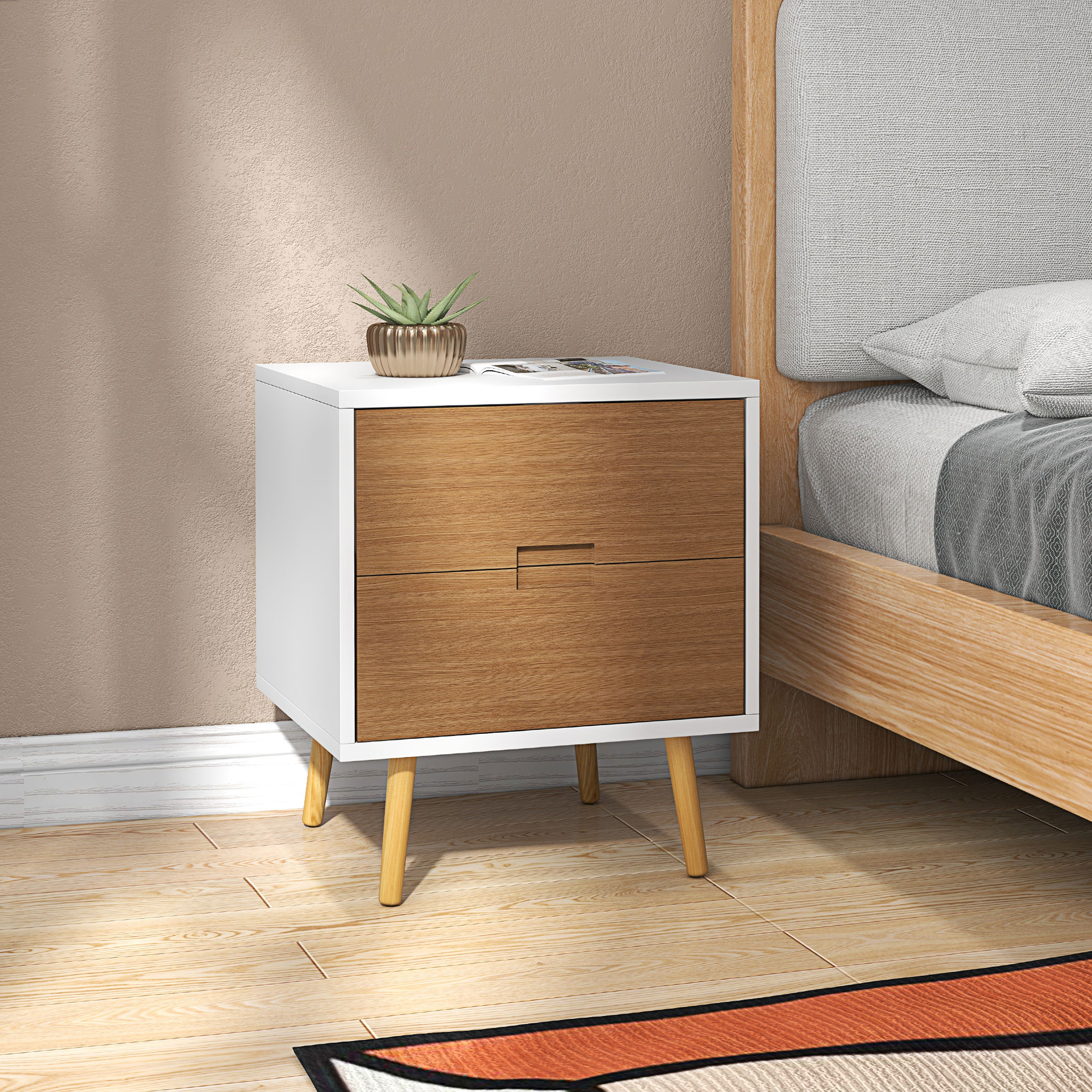 HOMCOM Wood Effect Wto-Drawer Bedside Table Brown/White 2
