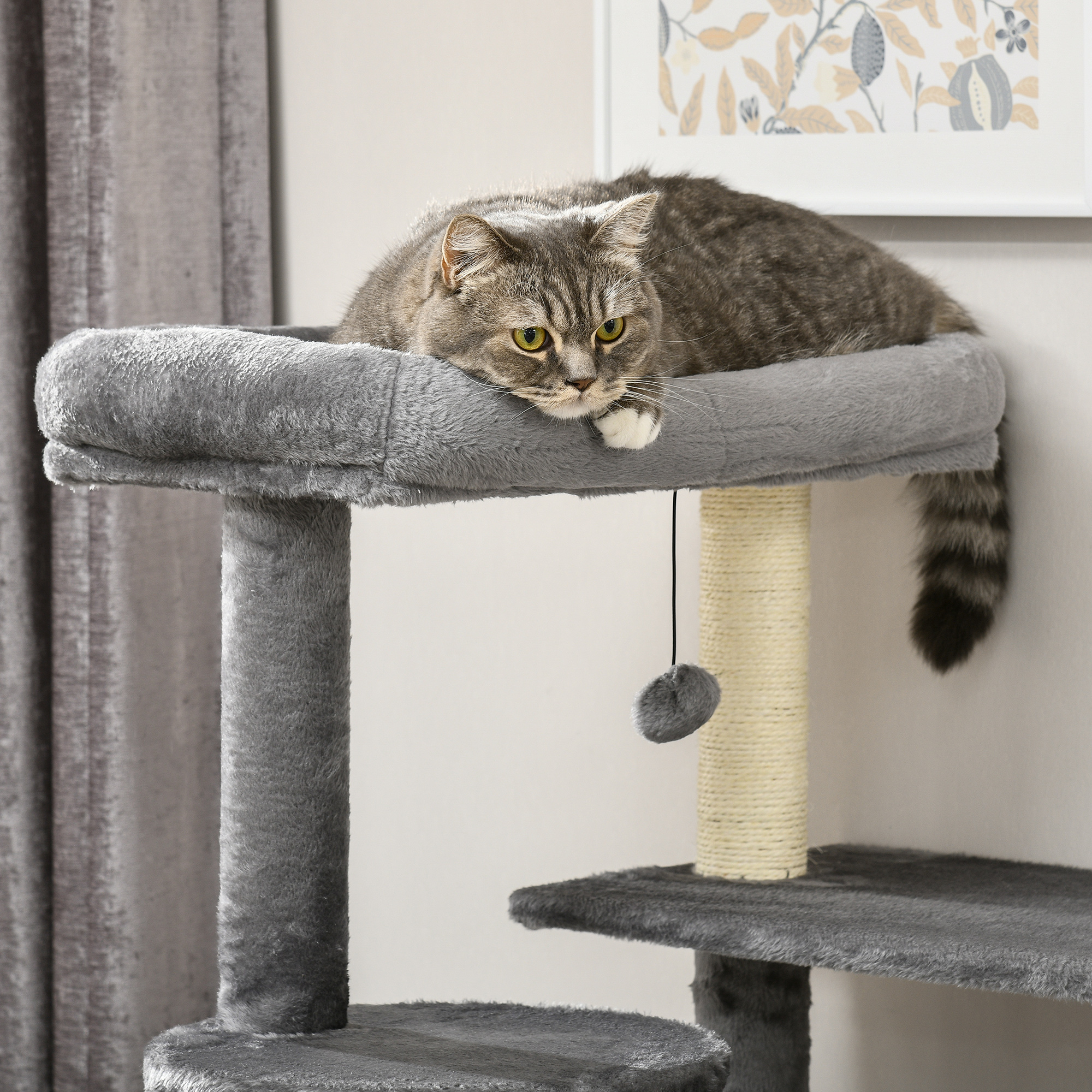PawHut Cat Tree Tower for Indoor Cats, with Scratching Post, Cat House, Toy, Grey 9