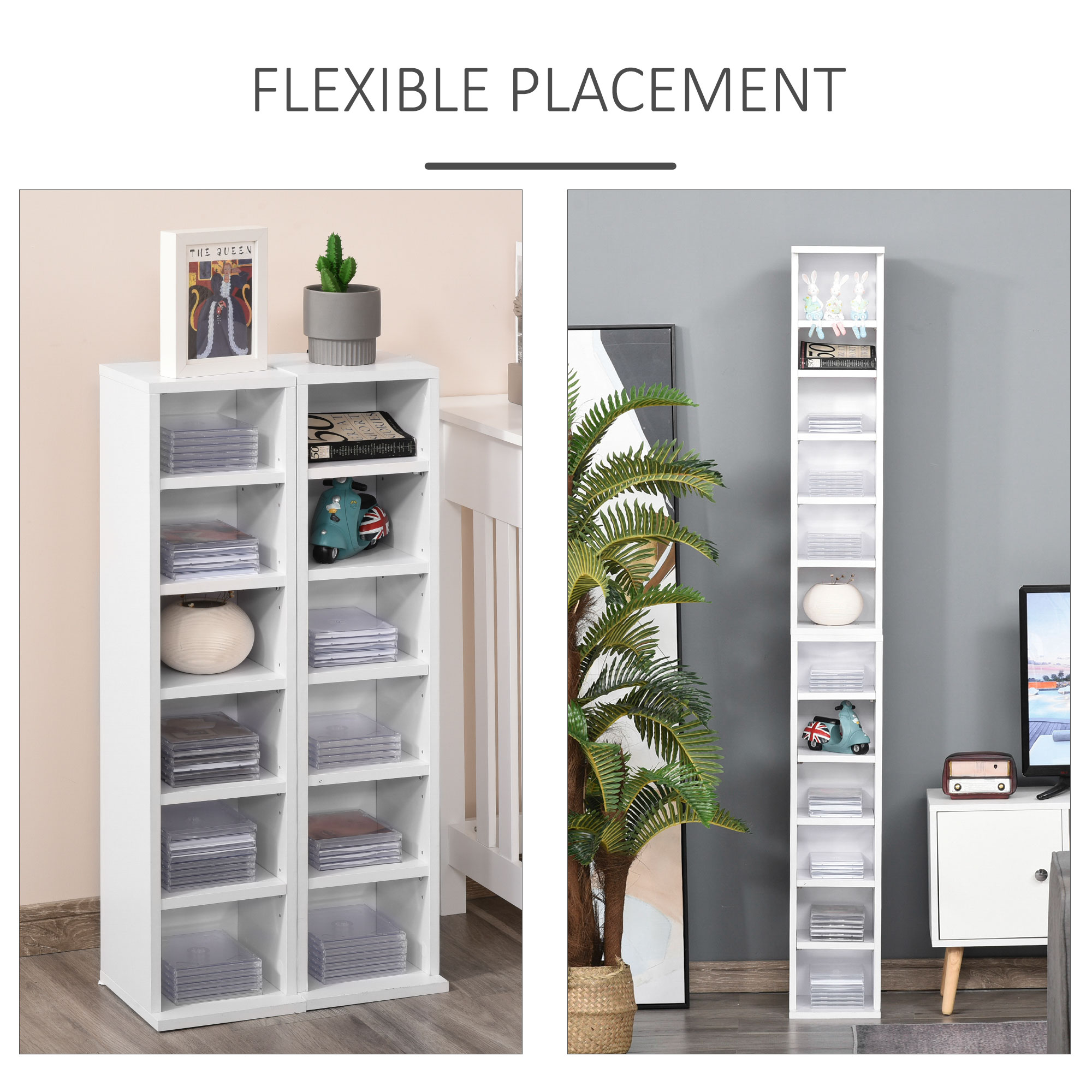 HOMCOM 204 CD Media Display Shelf Unit Set of 2 Blu-Ray Tower Rack w/ Adjustable Shelves Bookcase Storage Organiser, White 5