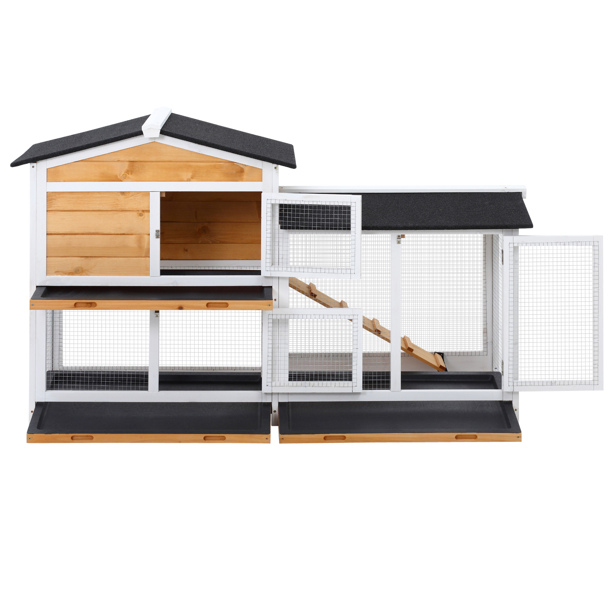 PawHut Rabbit Hutch Guinea Pig Hutch Wooden House with Run, 2 Tier Pet Cage Outdoor with No-leak Plastic Trays, 157.4 x 53 x 93.5cm, Yellow 8