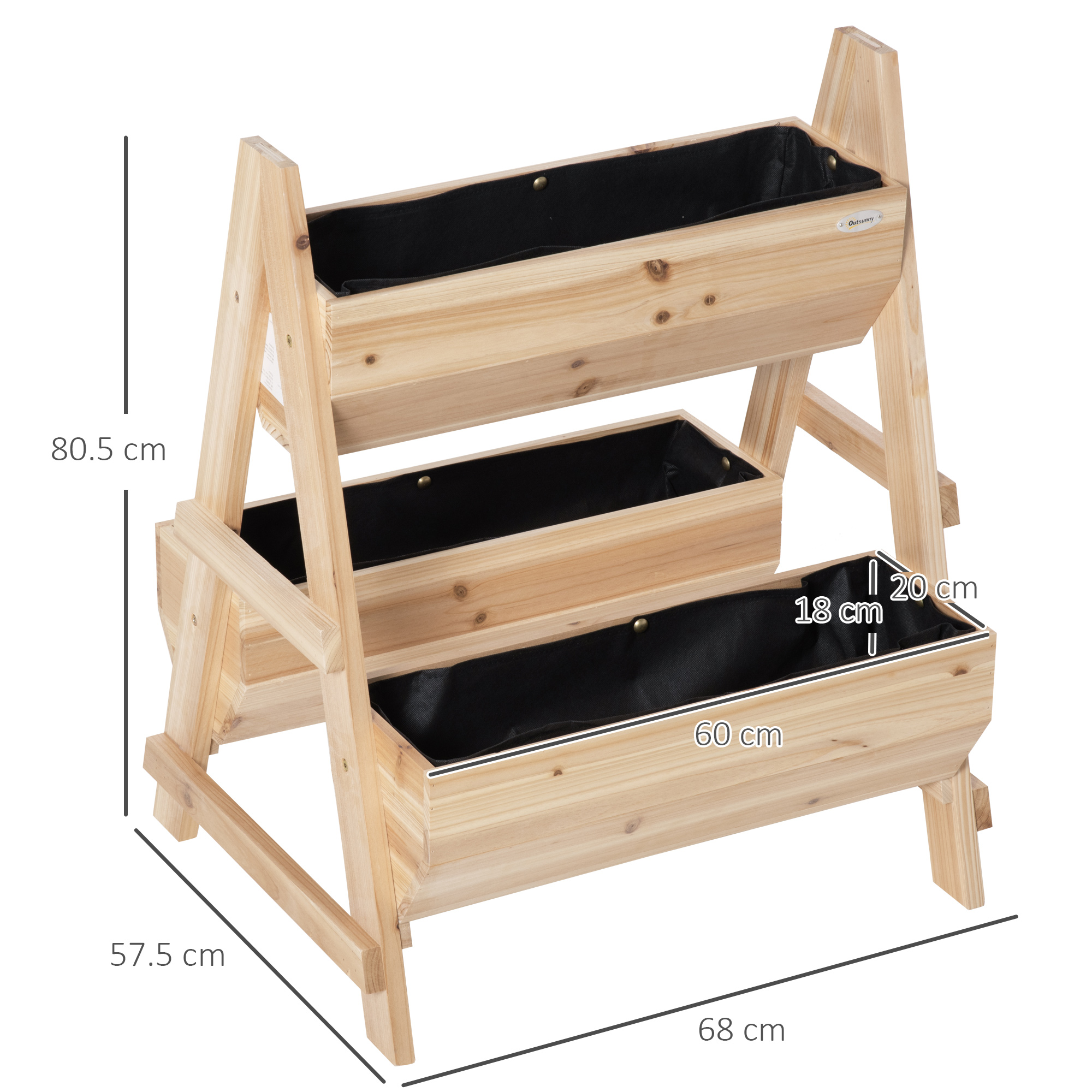 Outsunny 68cm x 57.5cm x 80.5cm 51L Wood Raised Garden Bed, Outdoor Planter Box with Stand, Nonwoven Fabric for Vegetables, Herbs, Flowers, Natural 3
