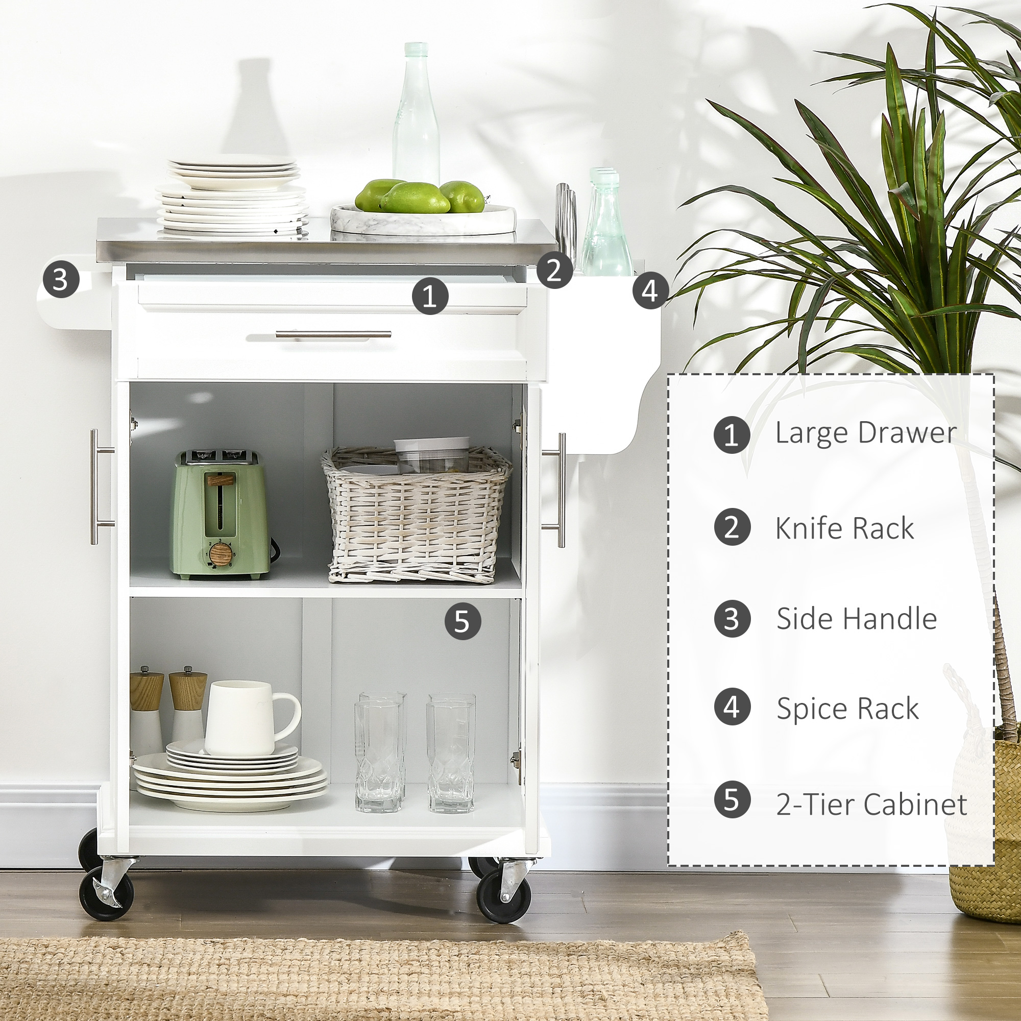 HOMCOM Wooden Kitchen Island on Wheels, Serving Cart Storage Trolley with Stainless Steel Top, Drawer, Side Handle and Rack, White 4