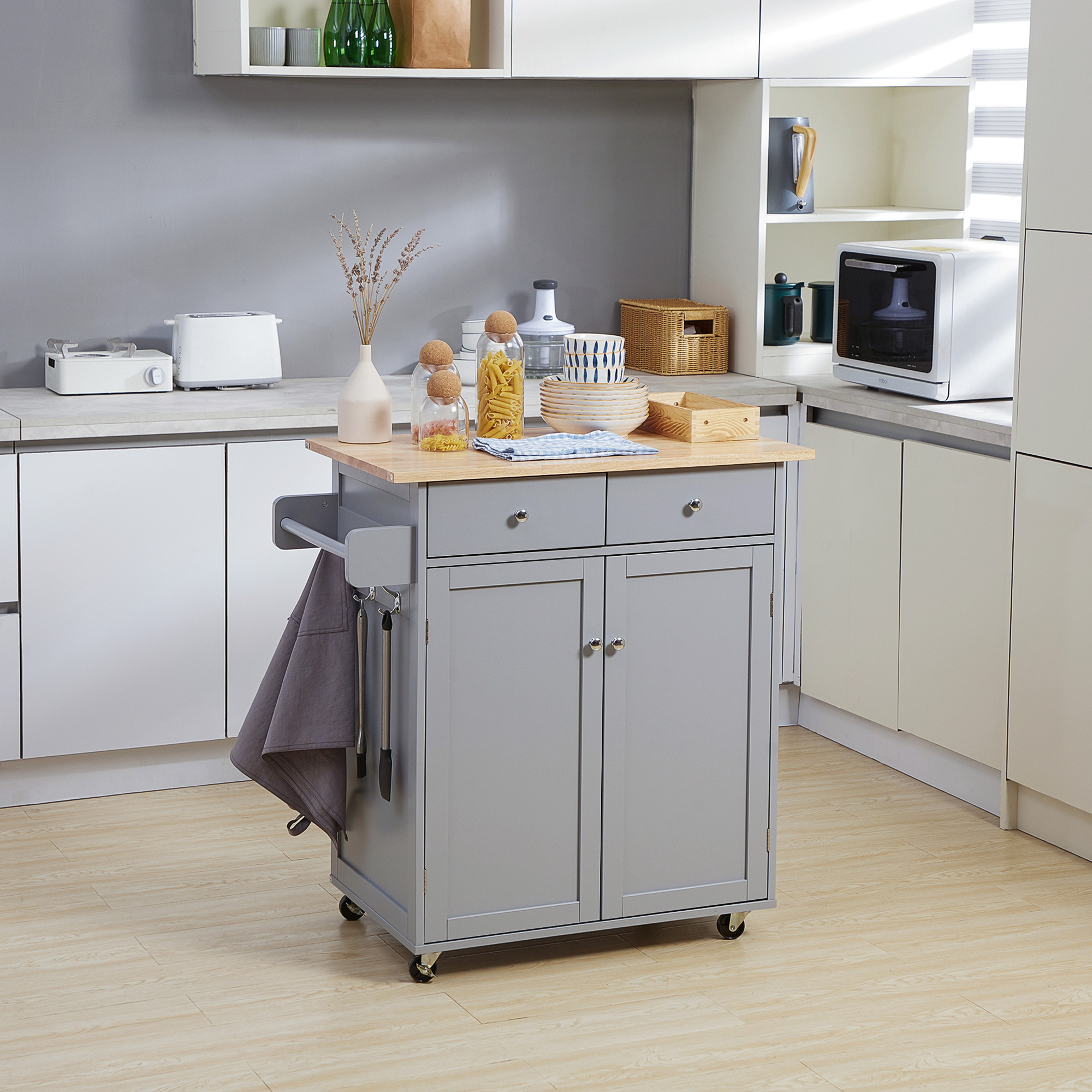 HOMCOM Rolling Kitchen Island on Wheels, Utility Serving Cart with Rubber Wood Top, Towel Rack, Hooks and Storage Drawers, Grey 2