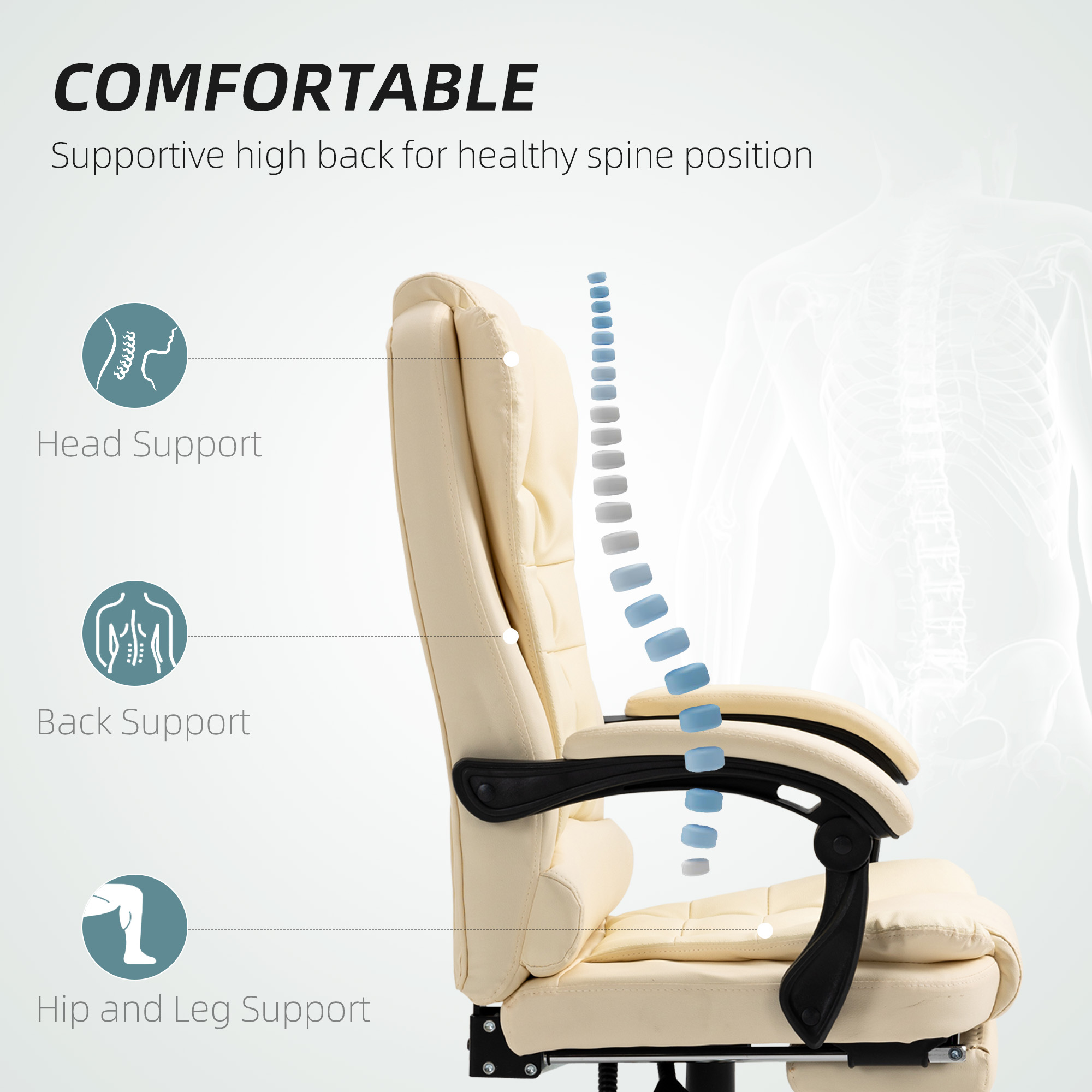 HOMCOM Executive Office Chair, Home Office Chair with Swivel Wheels, Reclining Backrest, Retractable Footrest, Cream White 5