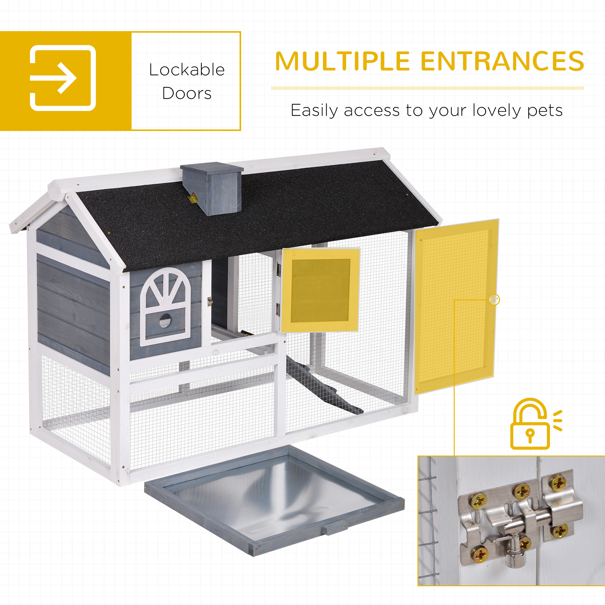 PawHut Wooden Rabbit Hutch and Run with Sliding Tray, Ramp, Water-resistant Roof, for 2-4 Rabbits, Grey 5