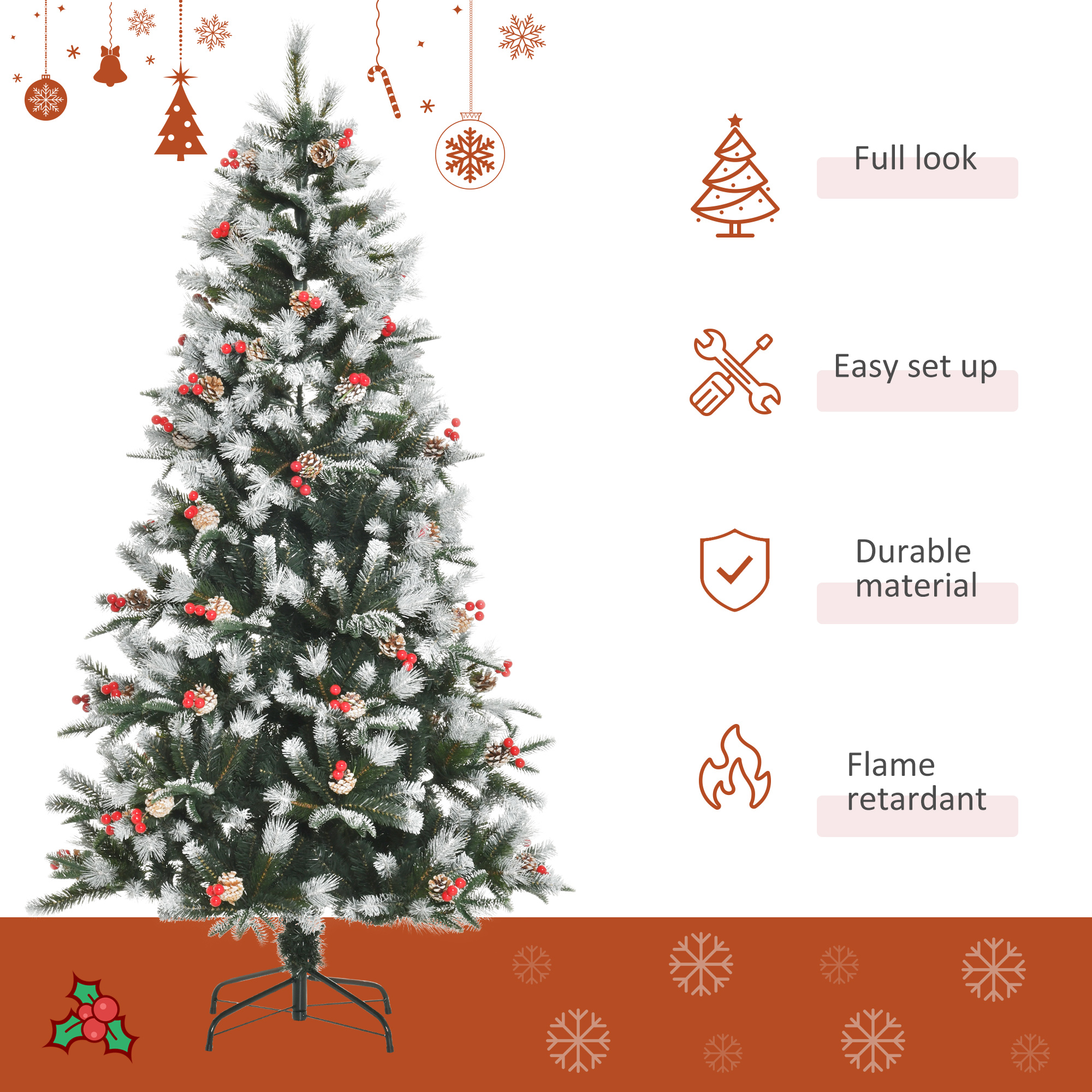HOMCOM 6FT Artificial Snow Dipped Christmas Tree Xmas Pencil Tree Holiday Home Party Decoration with Foldable Feet Red Berries White Pinecones, Green 4