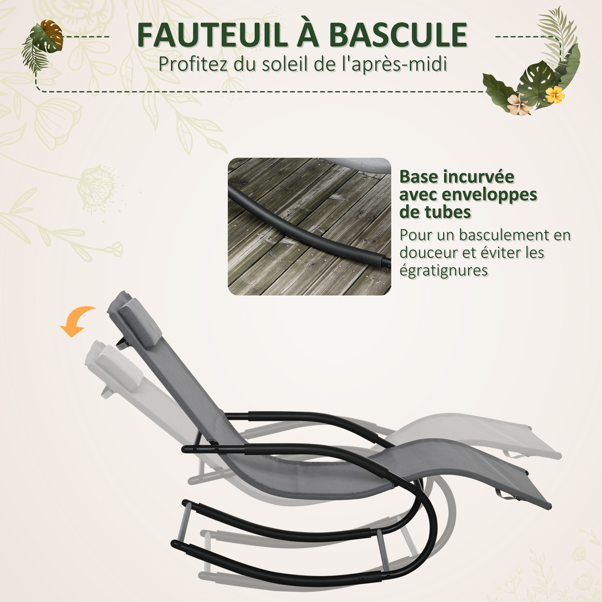 Transat Jardin Extérieur Chaise Longue à Bascule Outsunny - Textilène Gris - Ergonomique, Intérieur/Extérieur - Avec Têtière Fauteuil Rocking Chair Transat Jardin Extérieur Chaise Longue à Bascule Outsunny - Textilène Gris - Ergonomique, Intérieur/Extérieur - Avec Têtière Fauteuil Rocking Chair