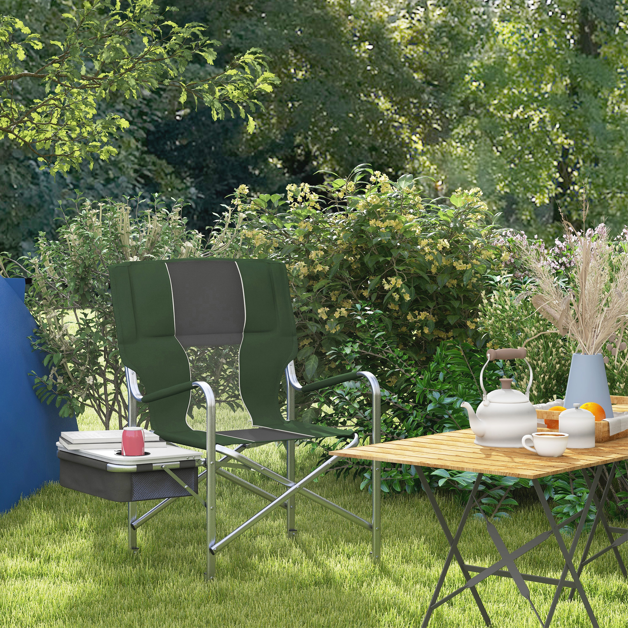 Outsunny Folding Aluminium Camping Chair, with Cooler Bag Table Green 2