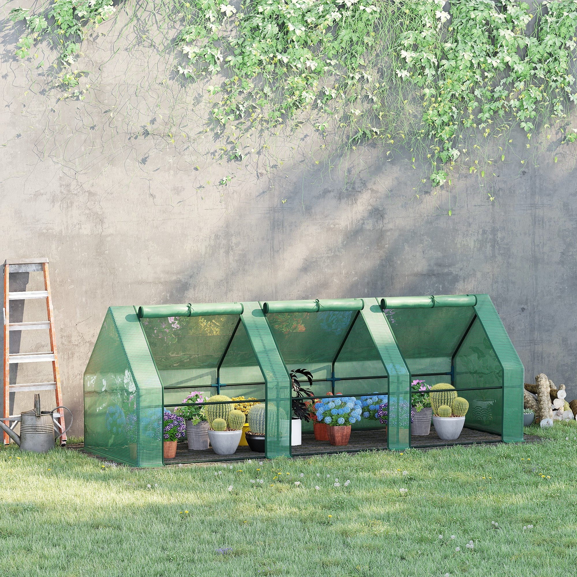 Outsunny Mini Small Greenhouse with Steel Frame & PE Cover & Zipped Window Poly tunnel Steeple for Plants Vegetables, 270 x 90 x 90 cm, Green 2