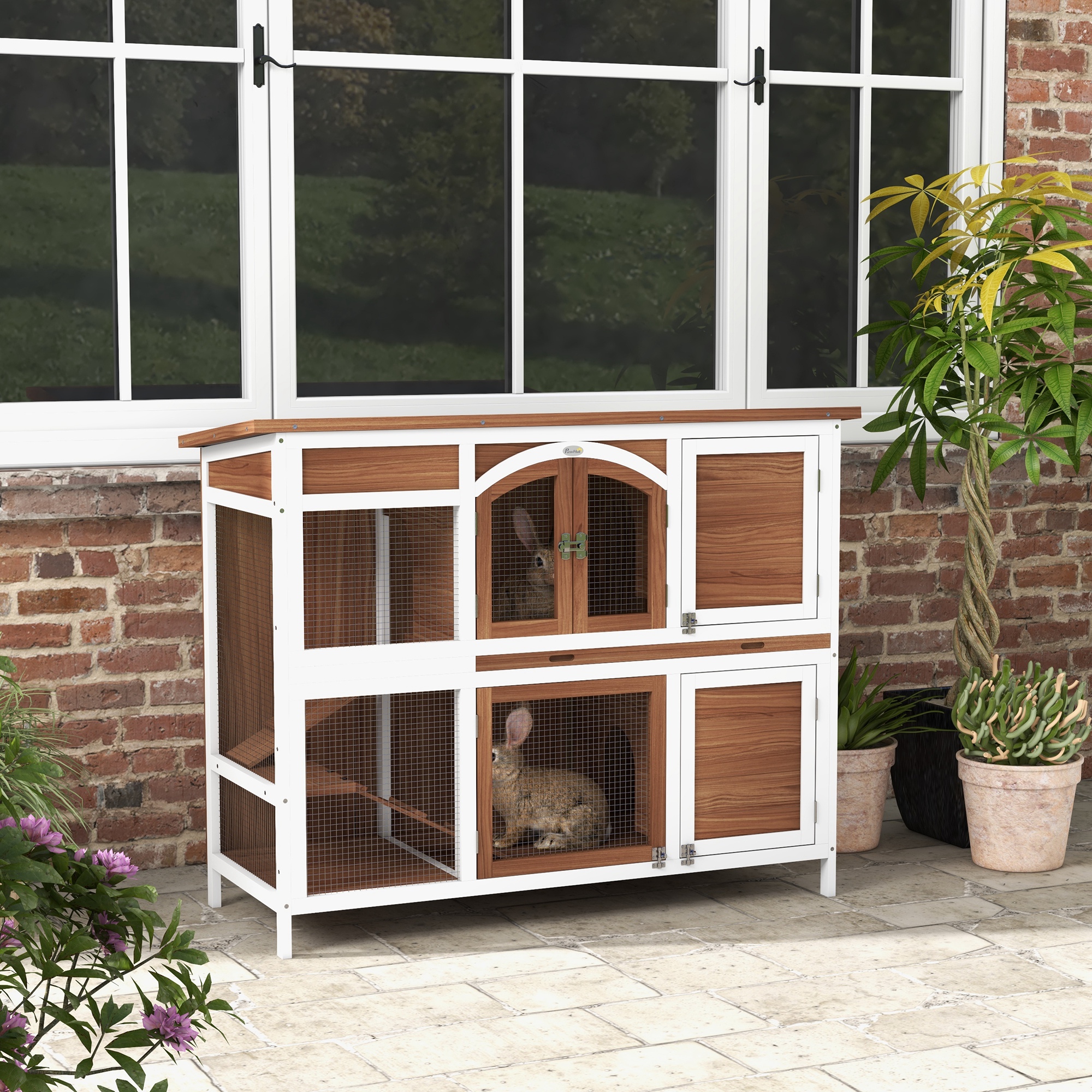 PawHut Two-Tier Wooden Pet Hutch with Openable Roof, Slide-Out Tray 2