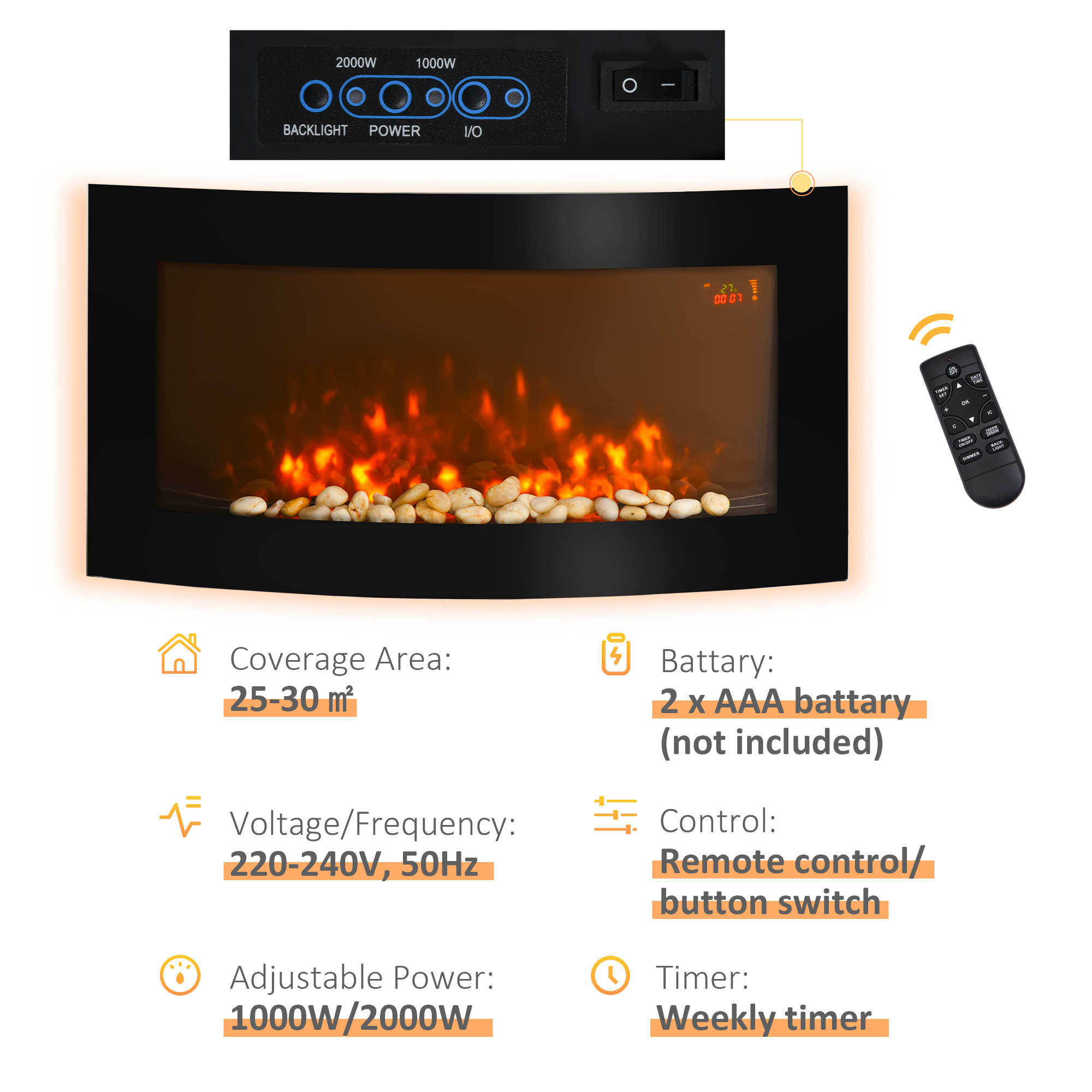HOMCOM Led Wall Mounted Fireplace Curved Glass Electric Fire Place Fire Place 7 Colour Side Lights Slimline, 1000/2000W, 89.2cm x 48cm 5