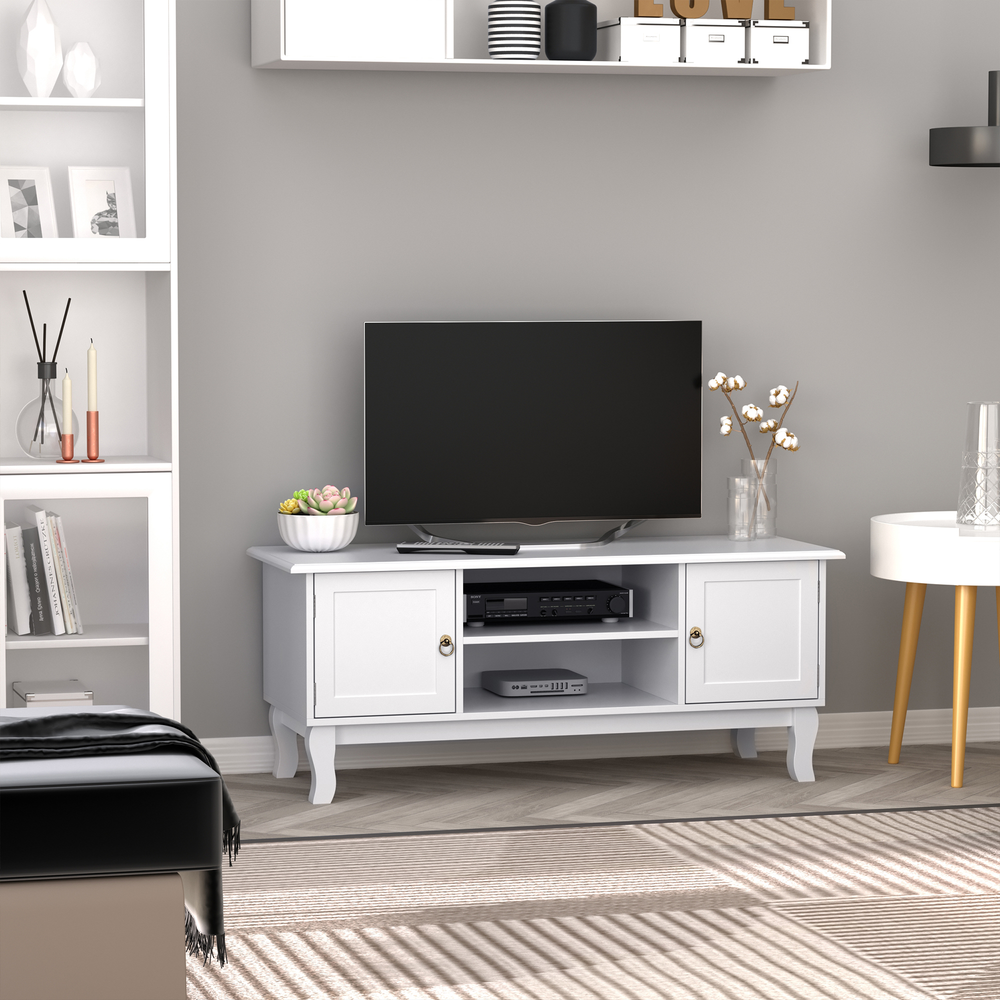 HOMCOM TV Unit up to 55", 2 Doors TV Cabinet with Open Storage Shelves and Cable Management for Living Room, Bedroom, Entertainment Room, 120L x 45W x 50.5H, White 2