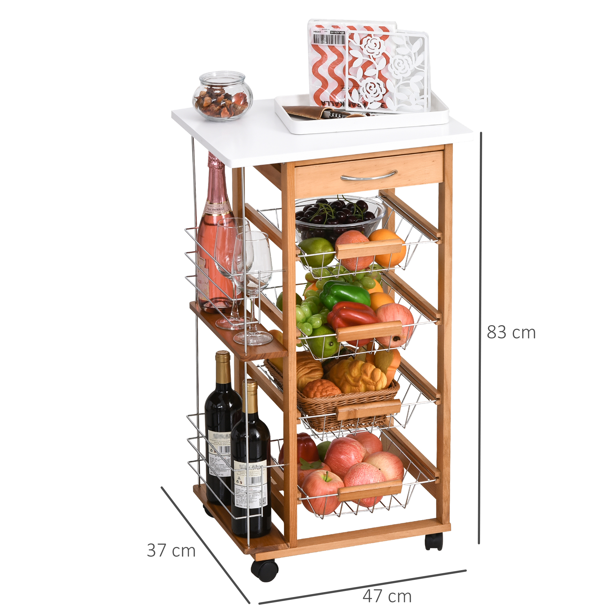 HOMCOM Rolling Kitchen Cart, Utility Storage Cart with 4 Basket Drawers & Side Racks, Wheels for Dining Room, Brown 3