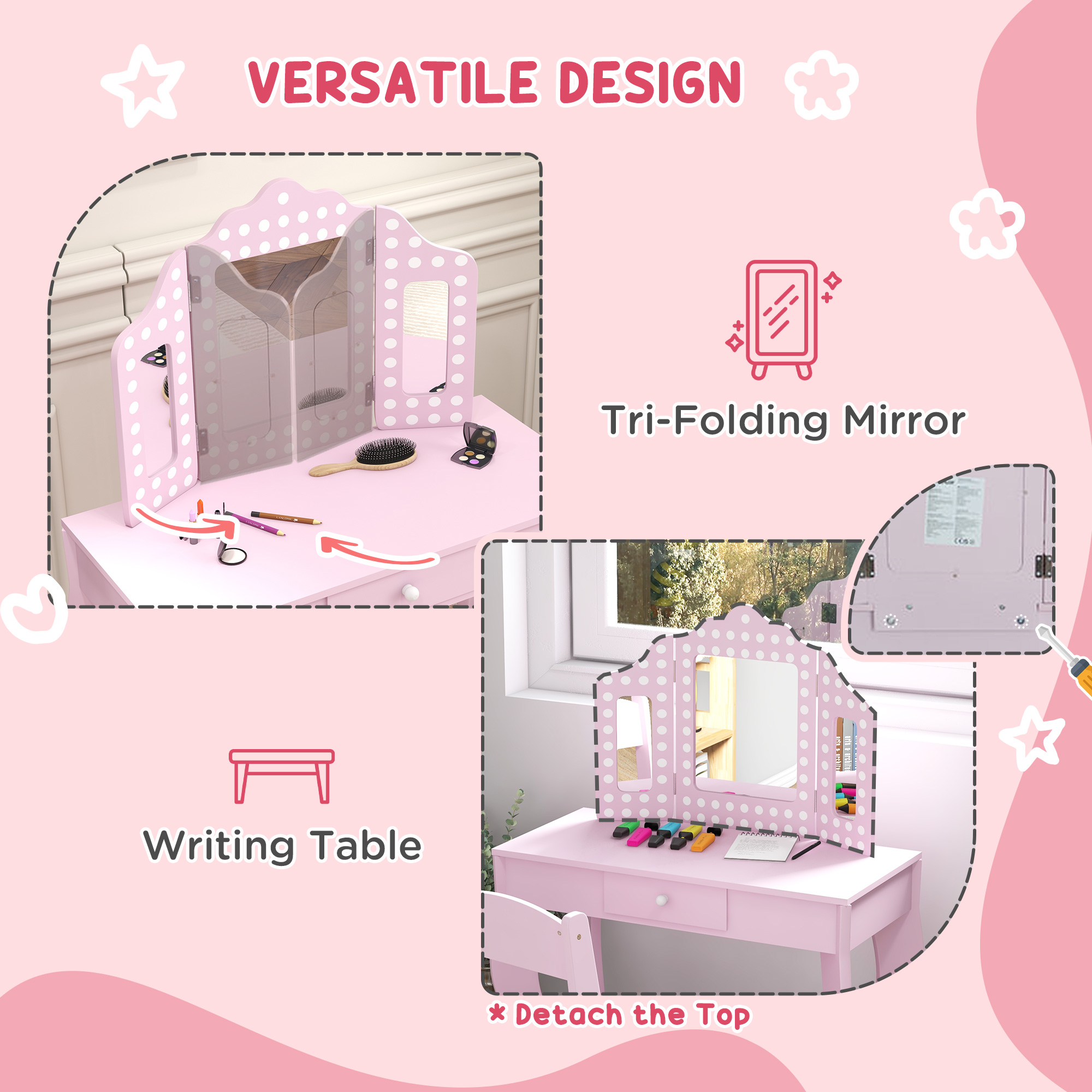 AIYAPLAY Kids Dressing Table Sets with Stool and Tri-Fold Mirror, Drawer for Playroom, Bedroom Pink 5